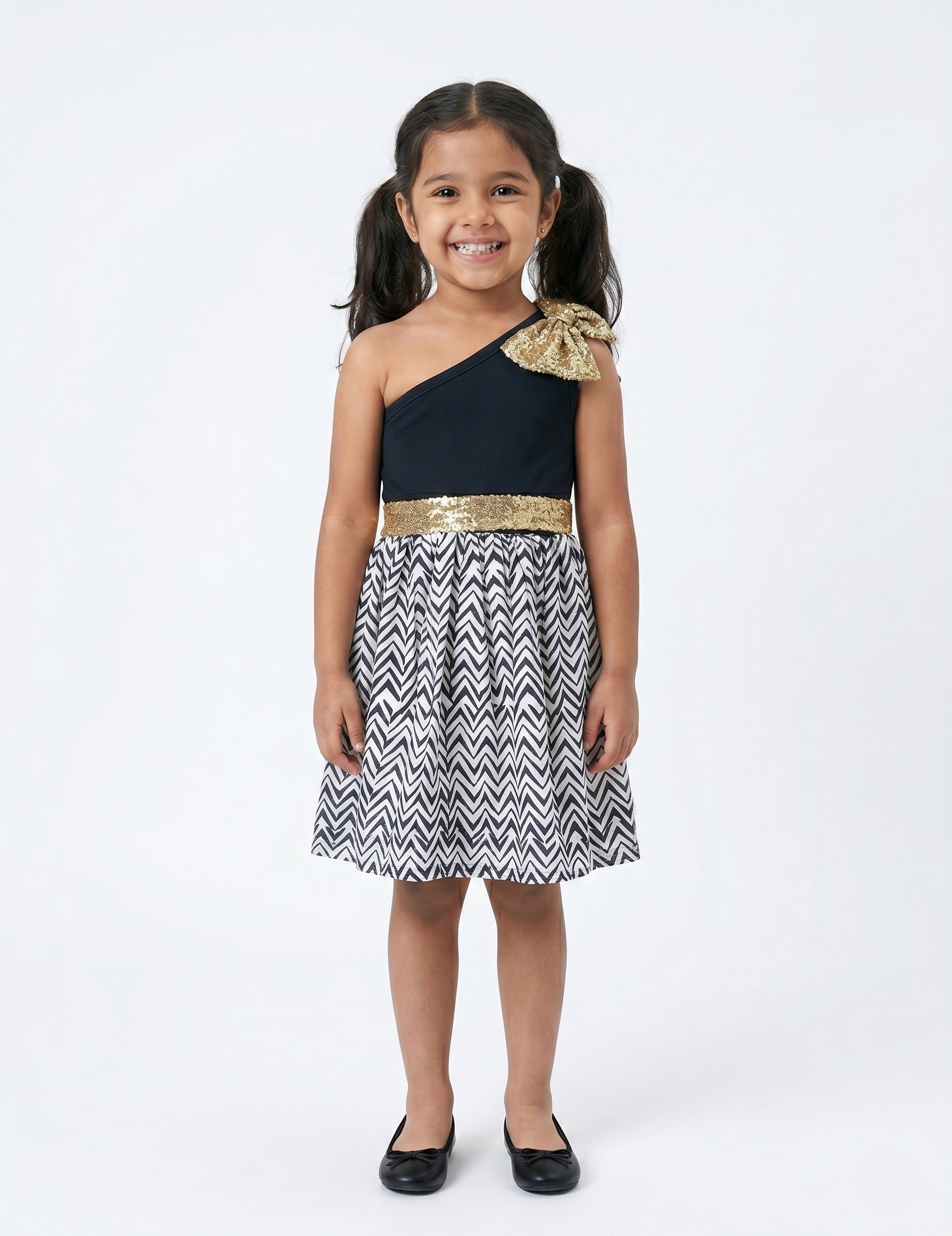 Girls' One-Shoulder Black Dress with Gold Sequin Bow and Chevron Skirt