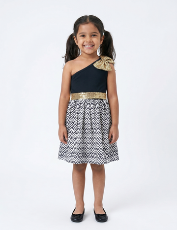 Girls' One-Shoulder Black Dress with Gold Sequin Bow and Chevron Skirt