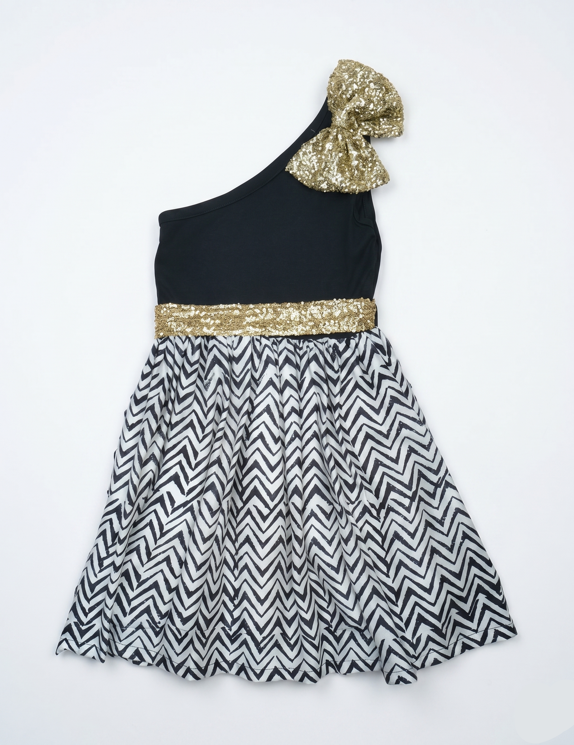 Girls' One-Shoulder Black Dress with Gold Sequin Bow and Chevron Skirt
