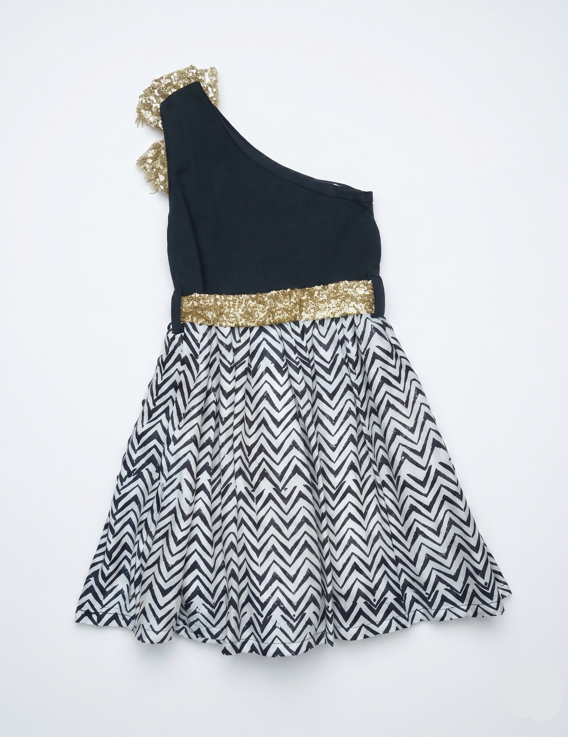 Girls' One-Shoulder Black Dress with Gold Sequin Bow and Chevron Skirt