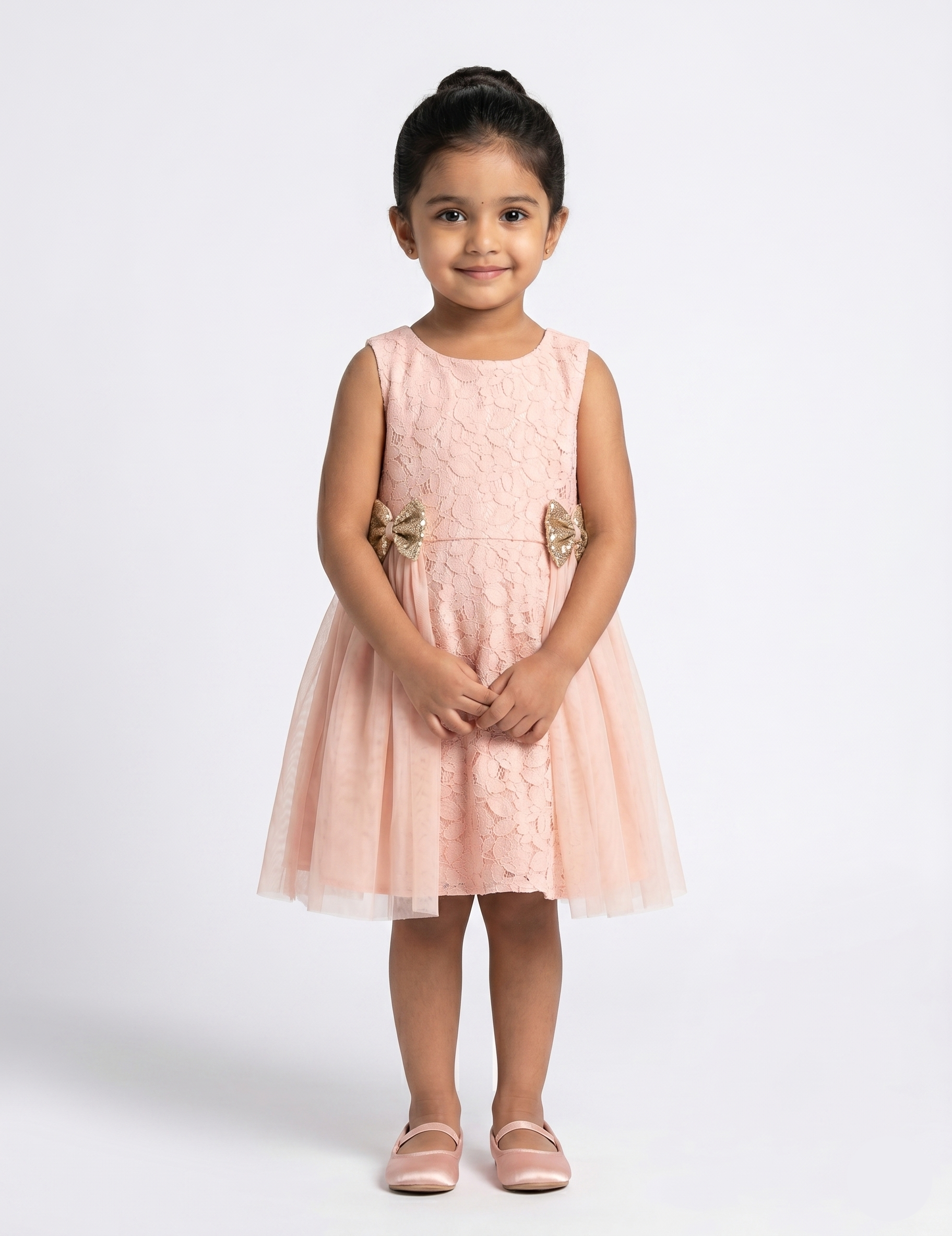 Peach Floral Lace Dress with Sequin Bows
