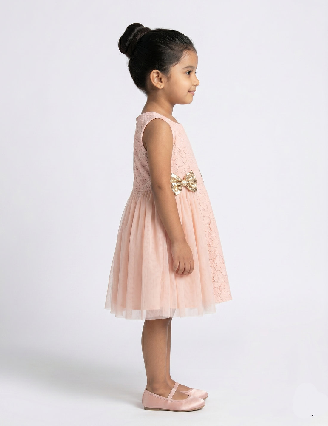 Peach Floral Lace Dress with Sequin Bows