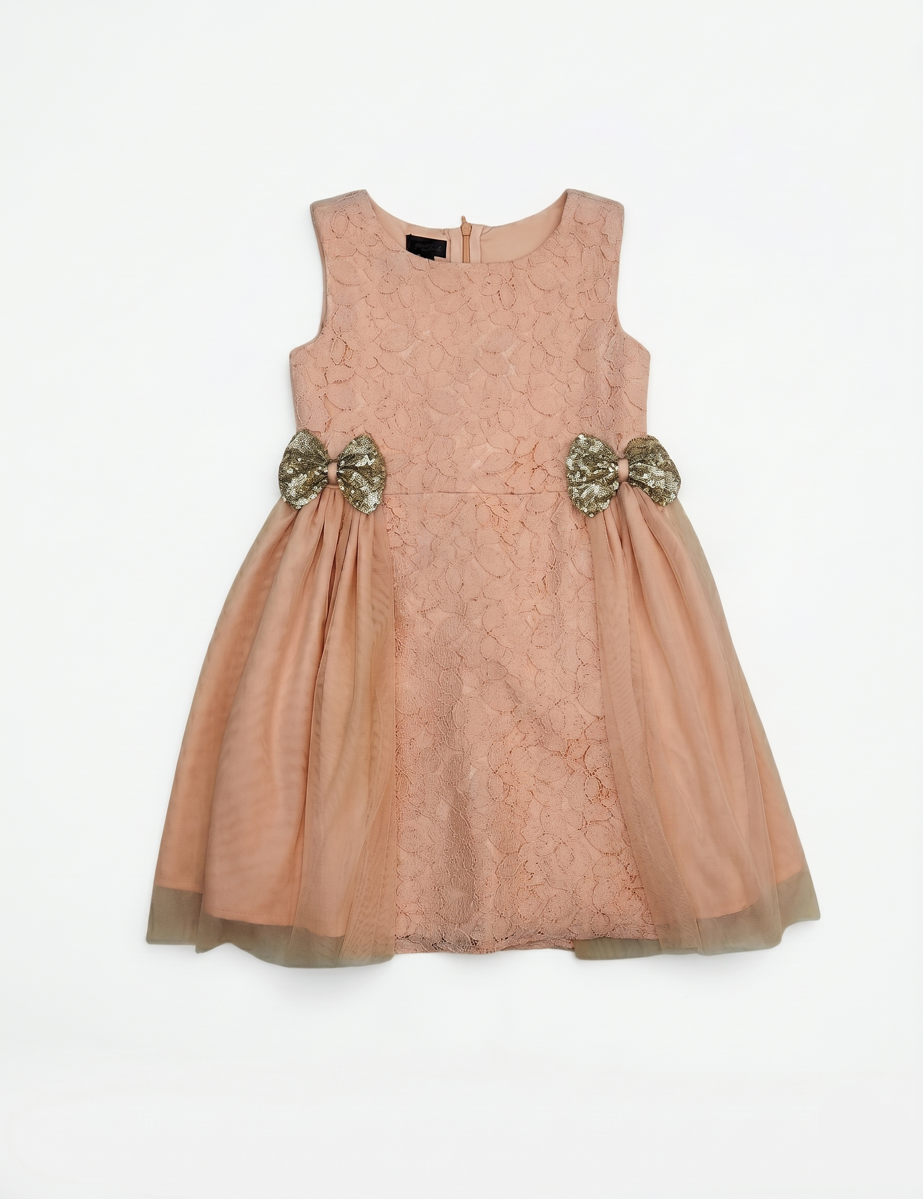 Peach Floral Lace Dress with Sequin Bows