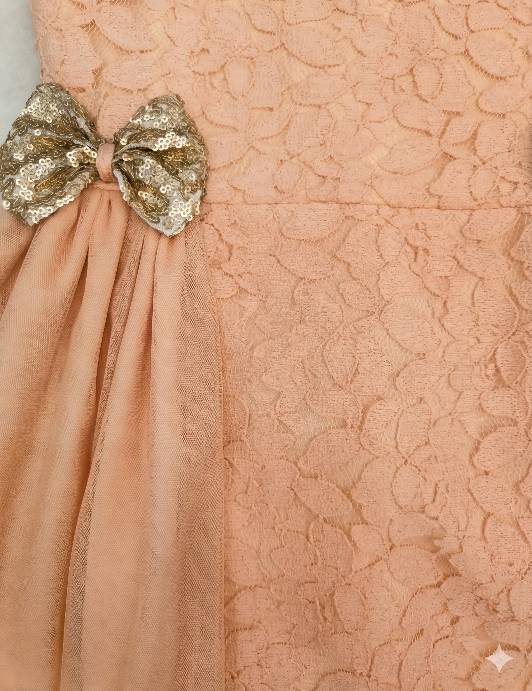 Peach Floral Lace Dress with Sequin Bows