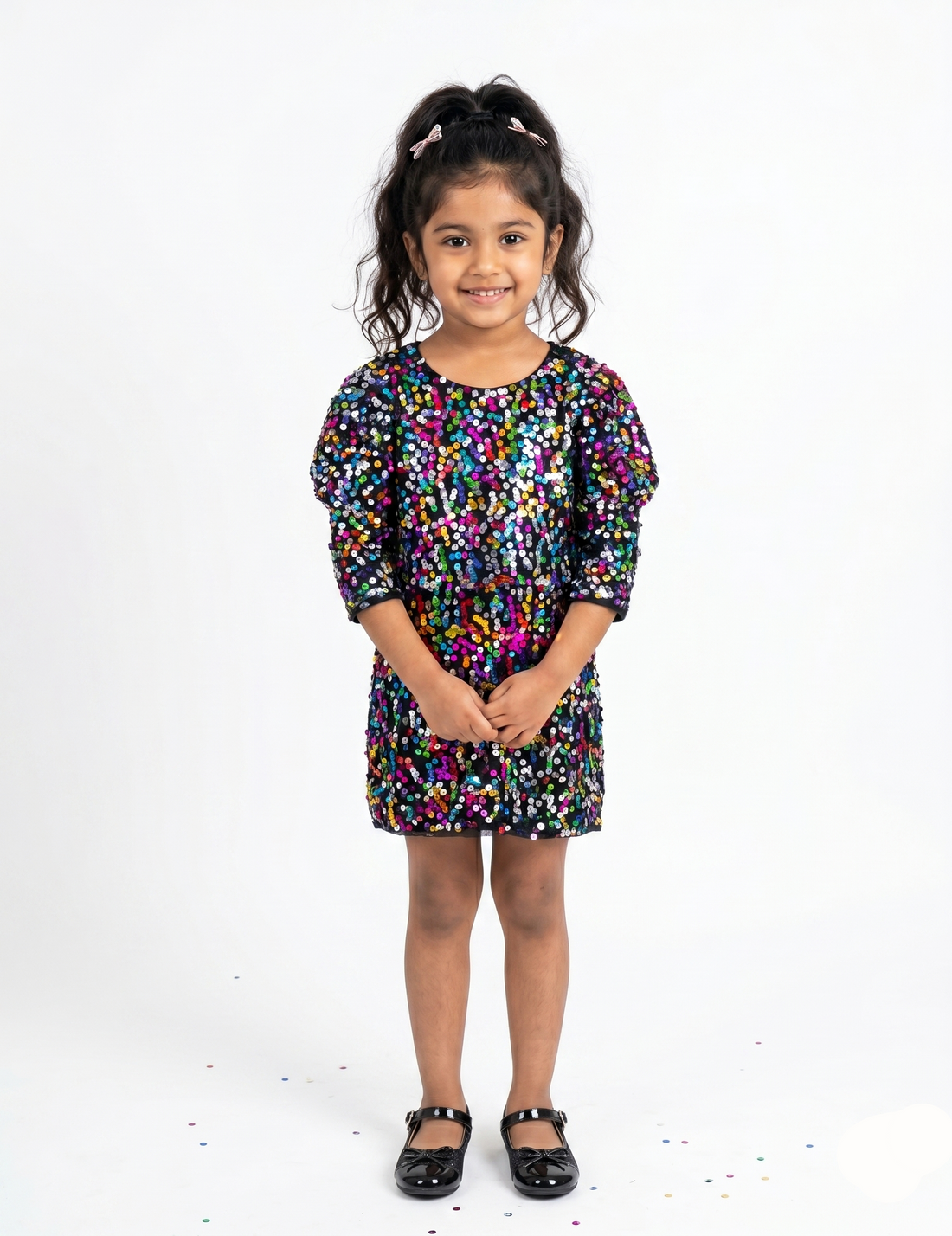 Young girl wearing a colorful dress on a white background
