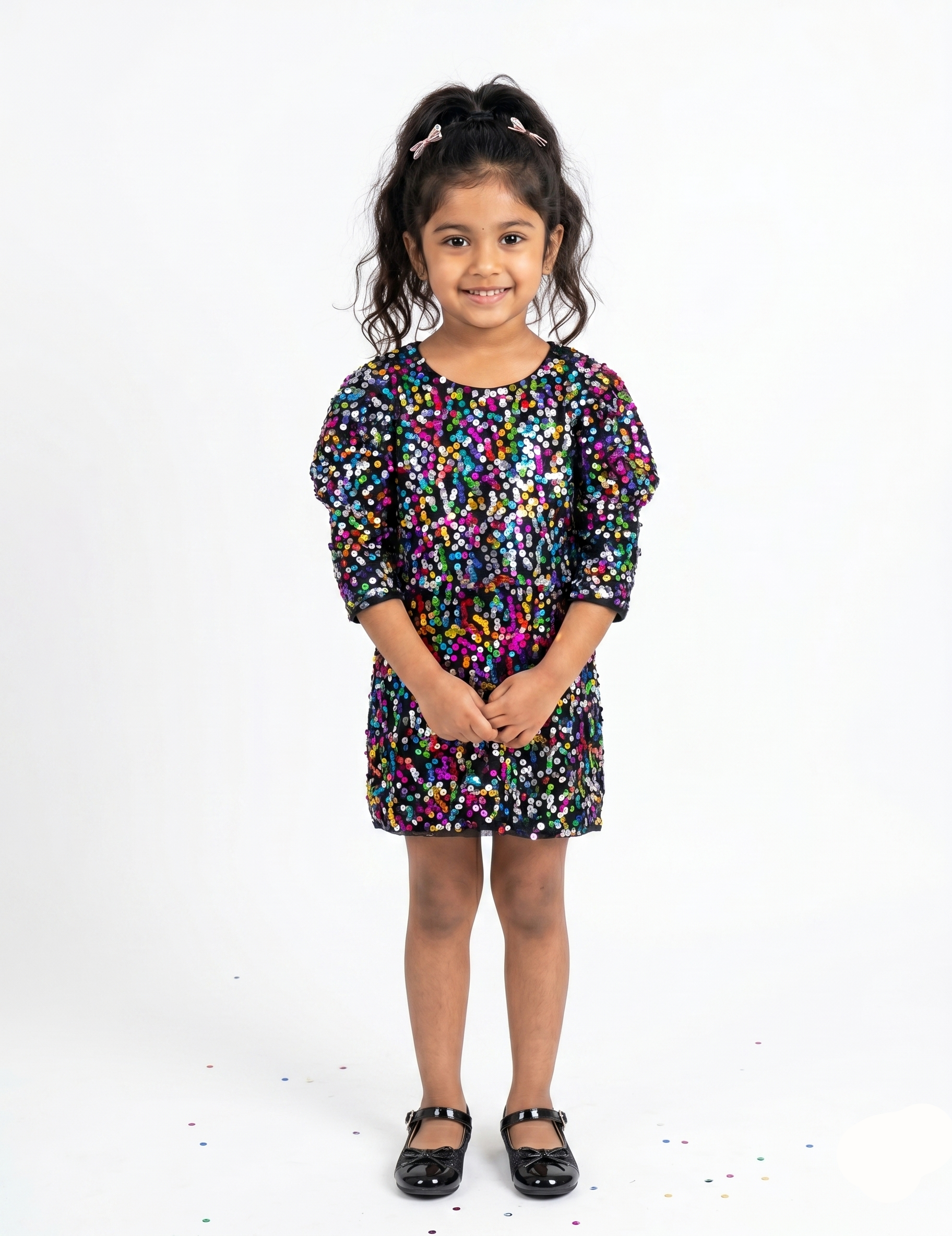 Young girl wearing a colorful dress on a white background