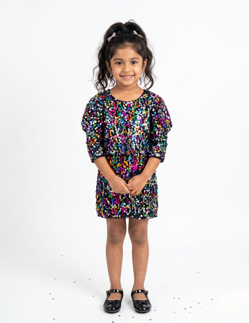 Young girl wearing a colorful dress on a white background