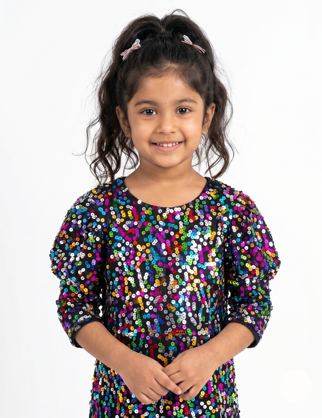 Young girl wearing a colorful dress on a white background