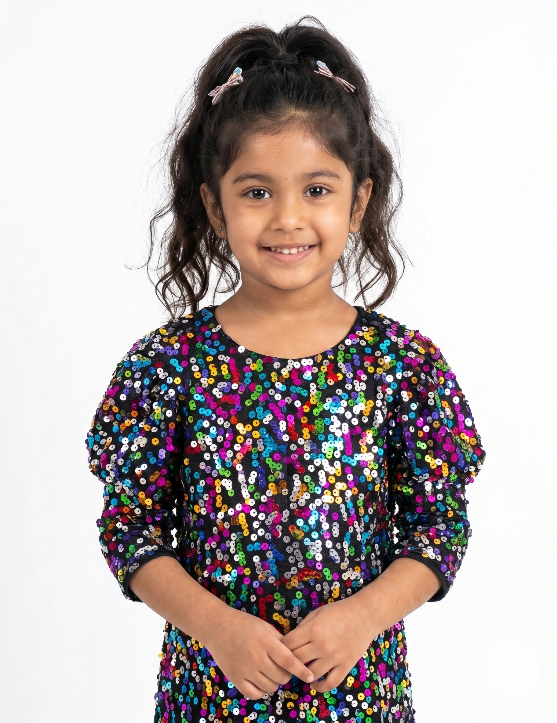 Girls' Multicolor Rainbow Sequin Party Dress with Puff Sleeves