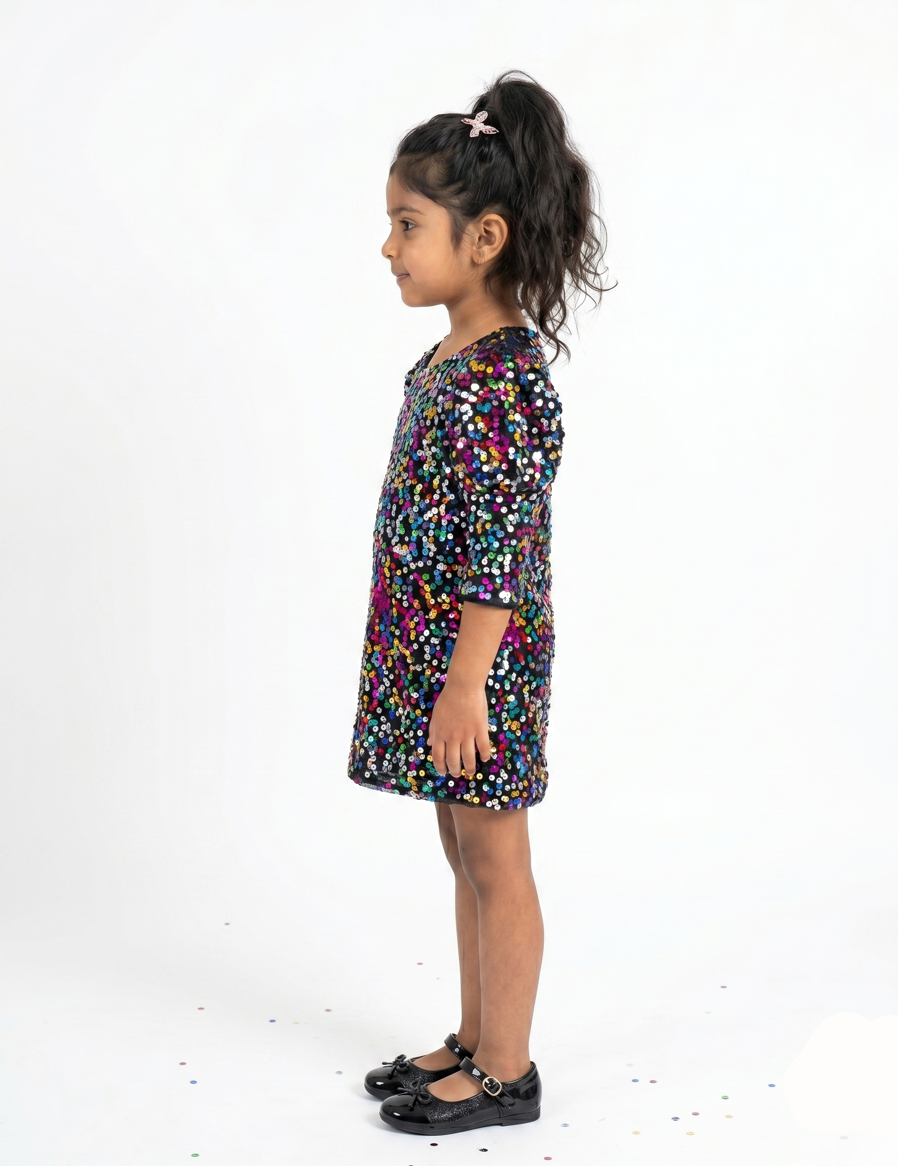 Girls' Multicolor Rainbow Sequin Party Dress with Puff Sleeves