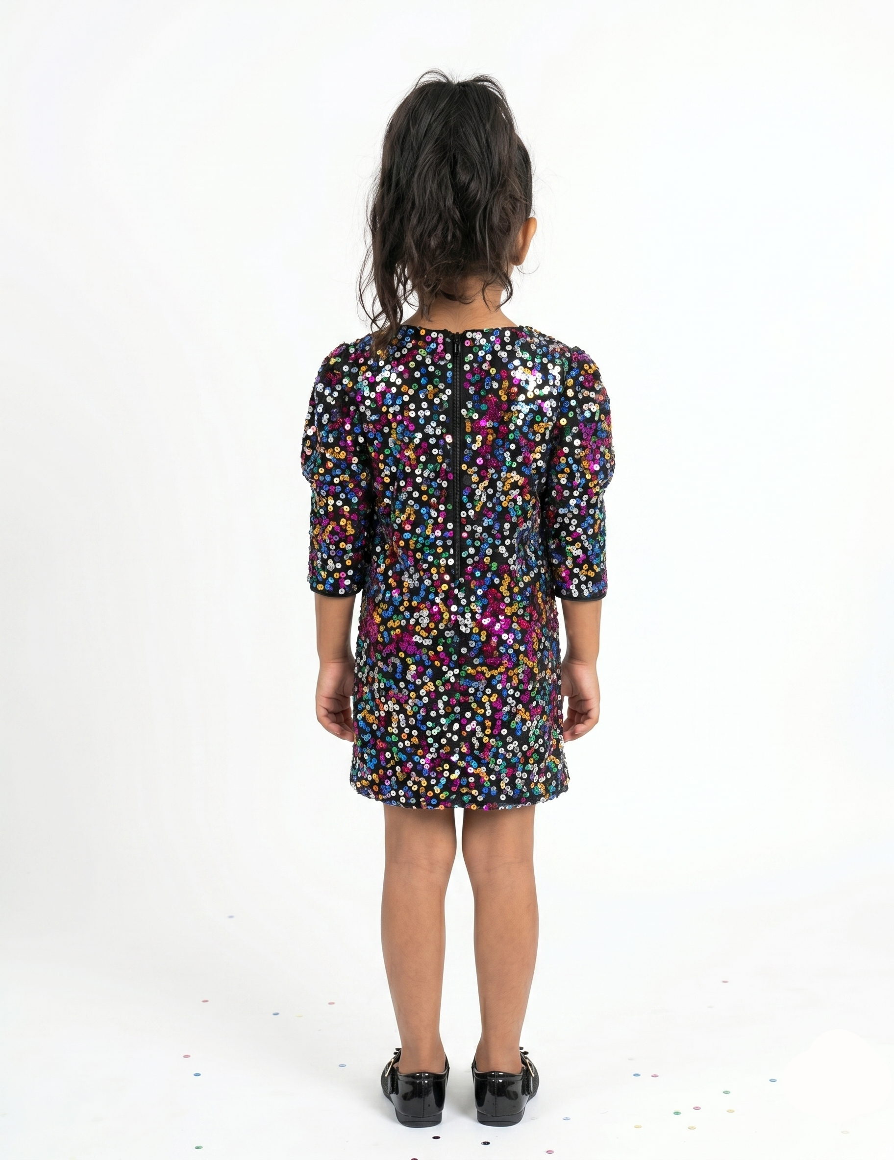 Girls' Multicolor Rainbow Sequin Party Dress with Puff Sleeves