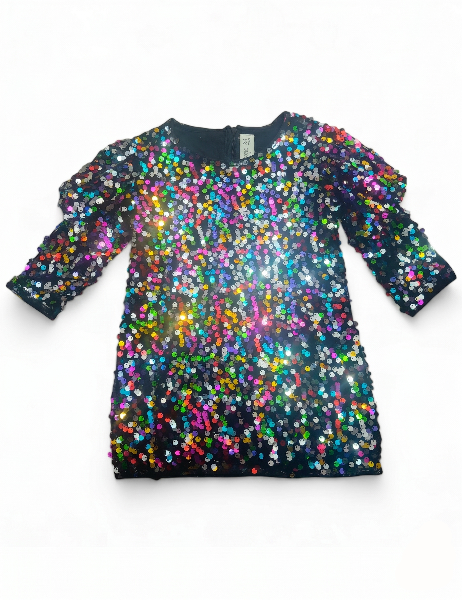 Girls' Multicolor Rainbow Sequin Party Dress with Puff Sleeves