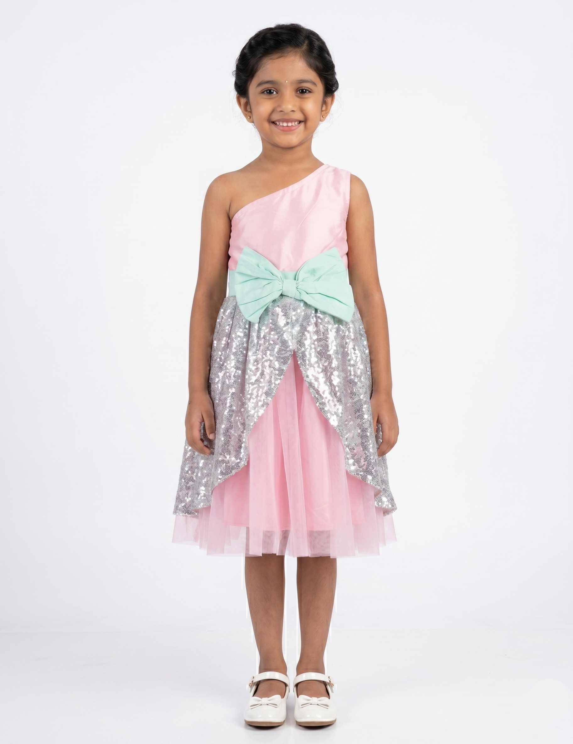 Girls' Pink One-Shoulder Party Dress with Silver Sequin Overlay and Mint Green Bow