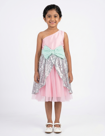 Girls' Pink One-Shoulder Party Dress with Silver Sequin Overlay and Mint Green Bow