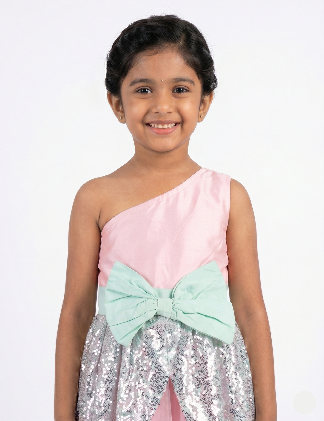 Girls' Pink One-Shoulder Party Dress with Silver Sequin Overlay and Mint Green Bow