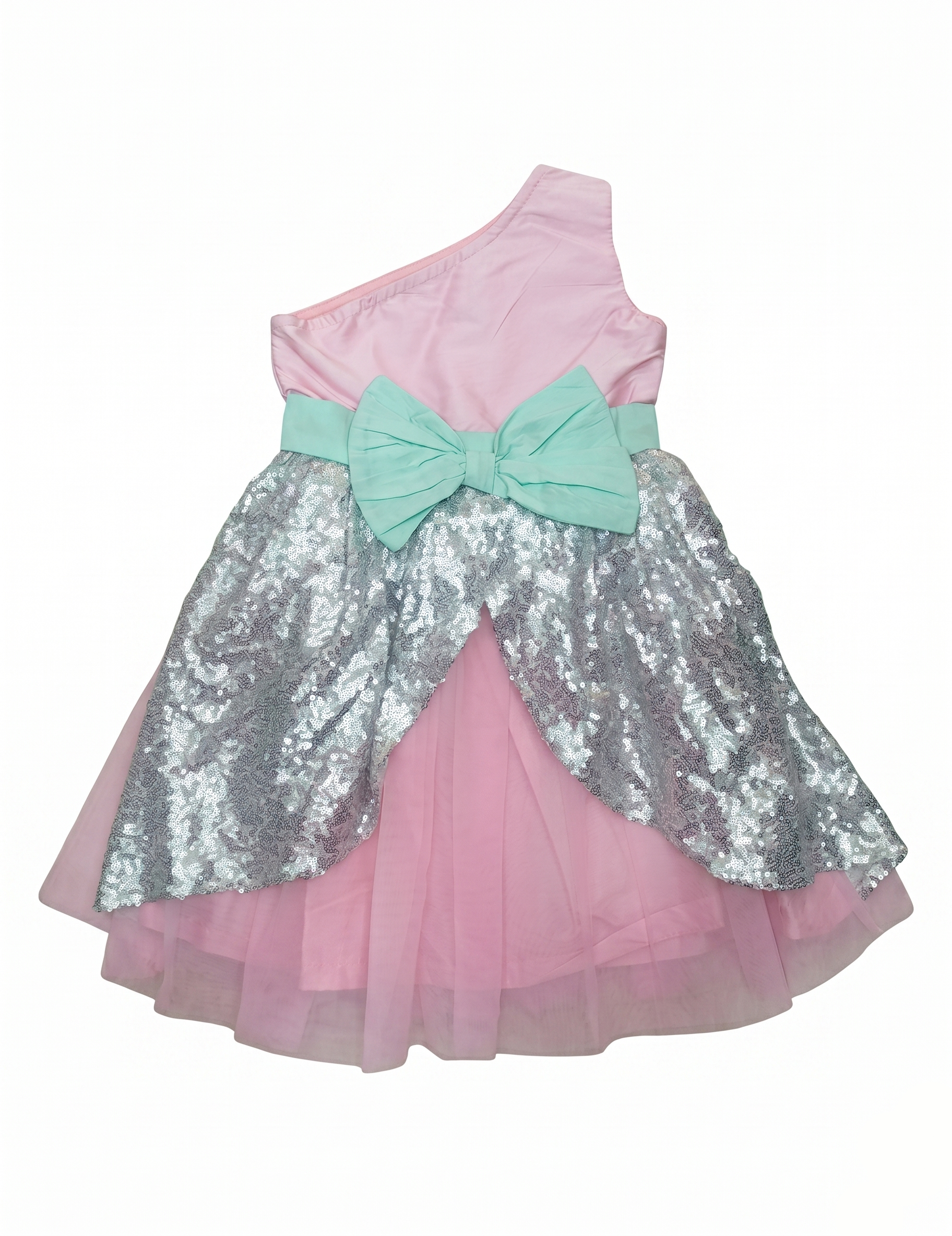 Girls' Pink One-Shoulder Party Dress with Silver Sequin Overlay and Mint Green Bow