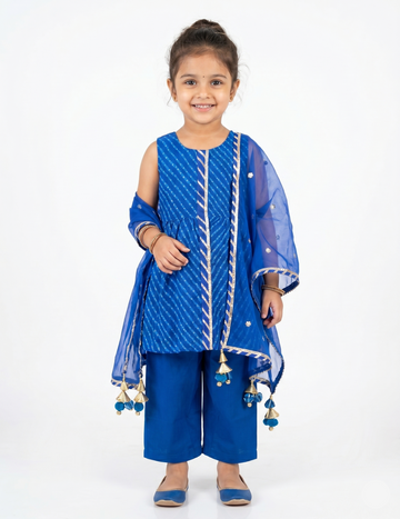 Kids Blue Leheriya Printed Peplum Kurta and Palazzo Set