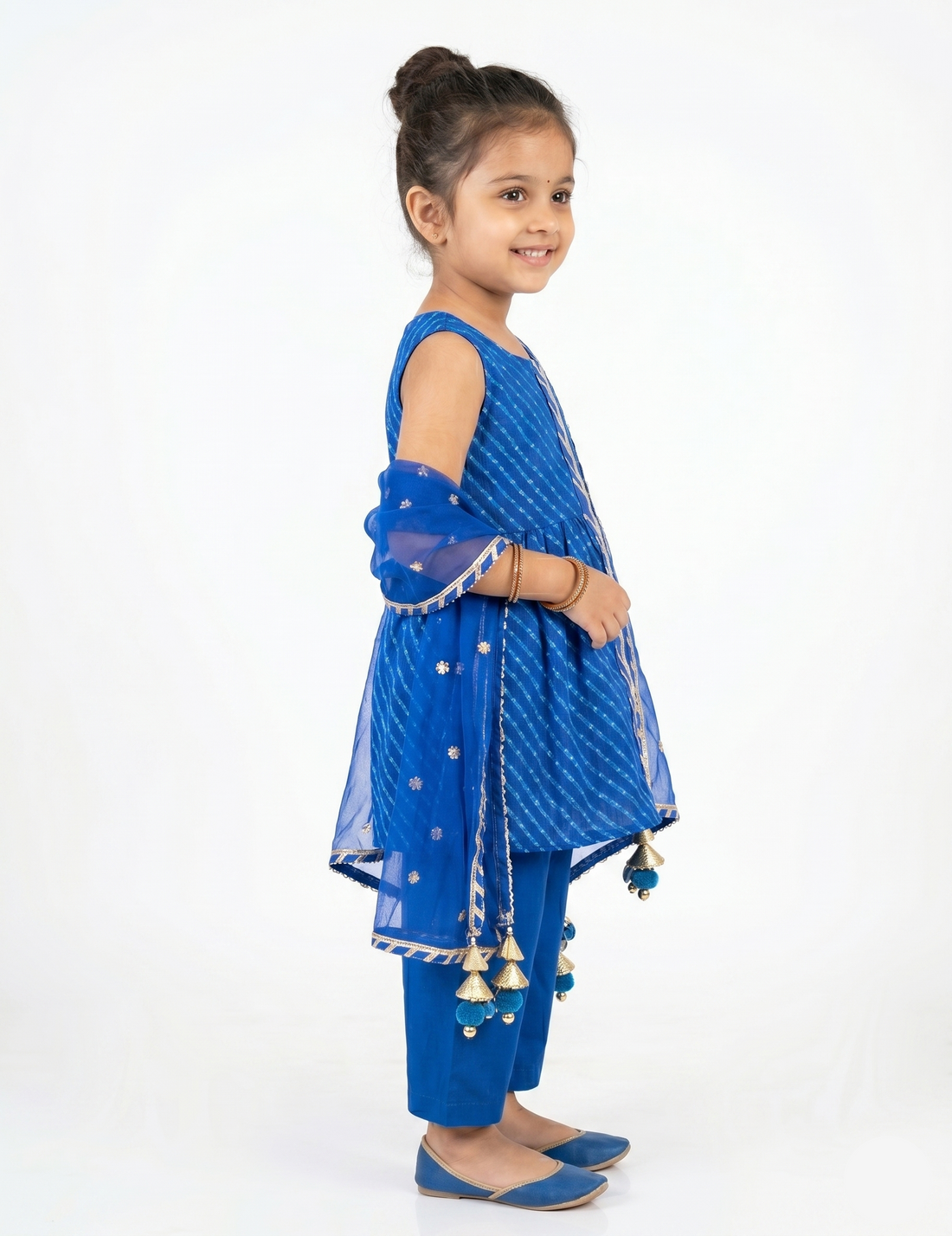 Kids Blue Leheriya Printed Peplum Kurta and Palazzo Set
