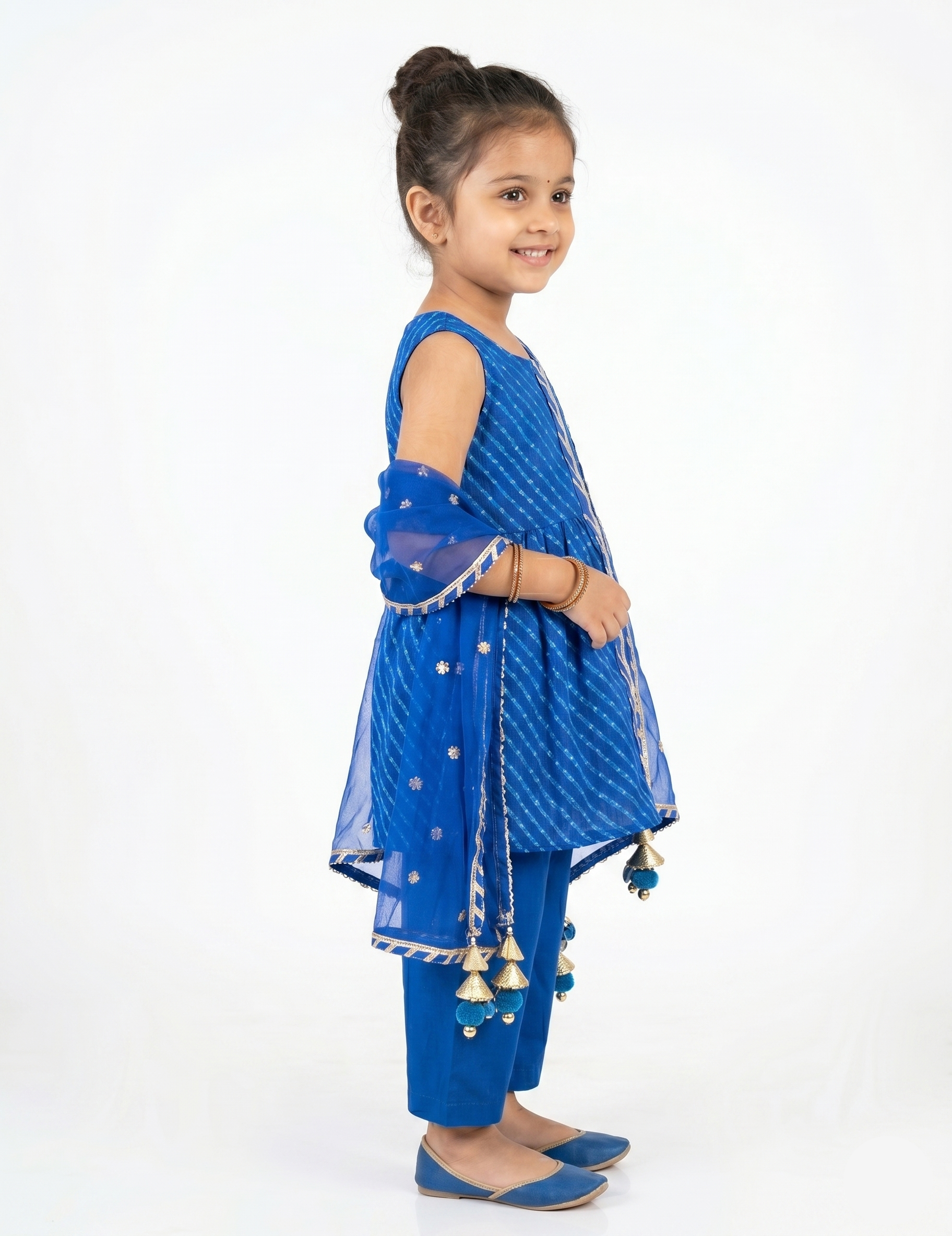 Kids Blue Leheriya Printed Peplum Kurta and Palazzo Set