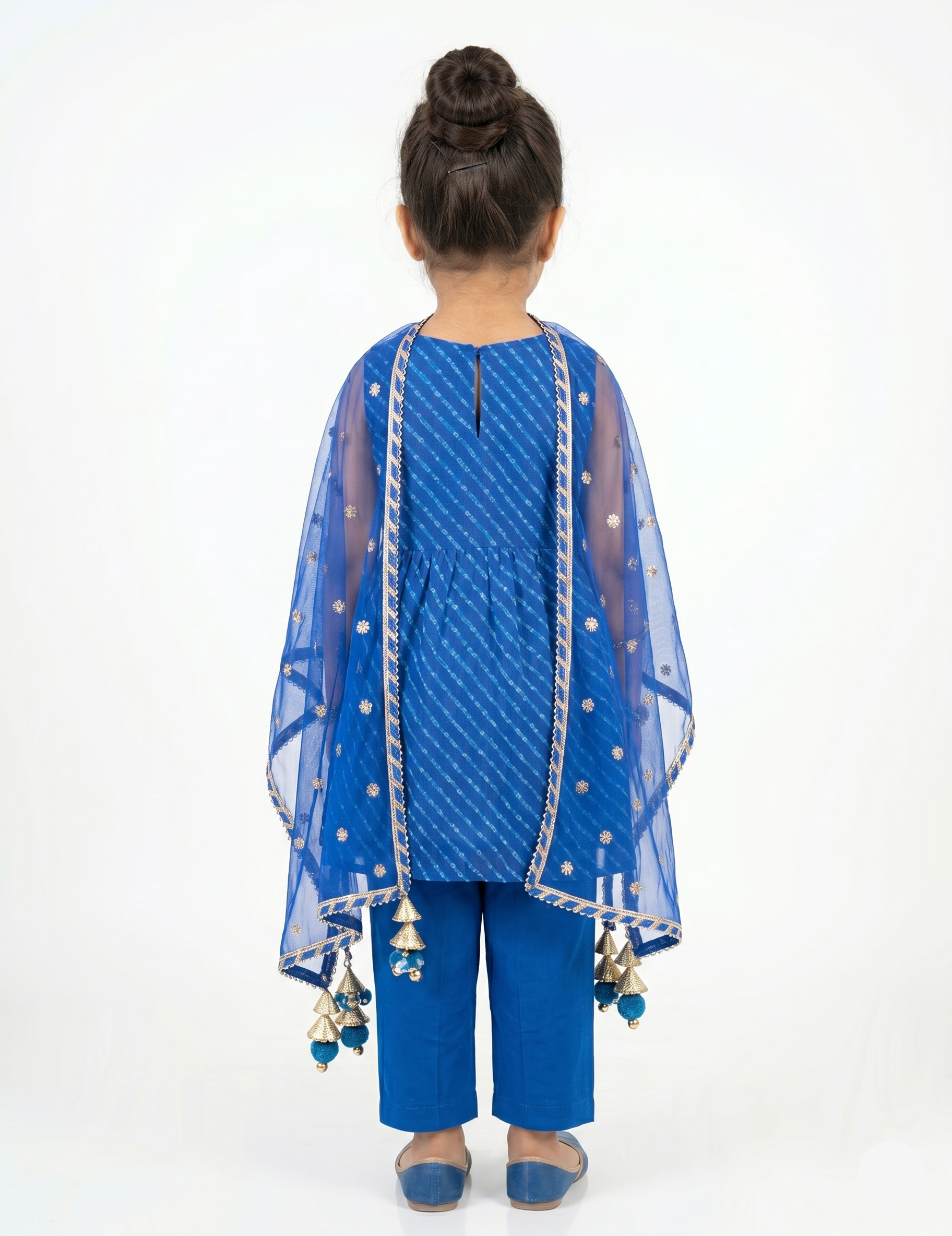 Kids Blue Leheriya Printed Peplum Kurta and Palazzo Set