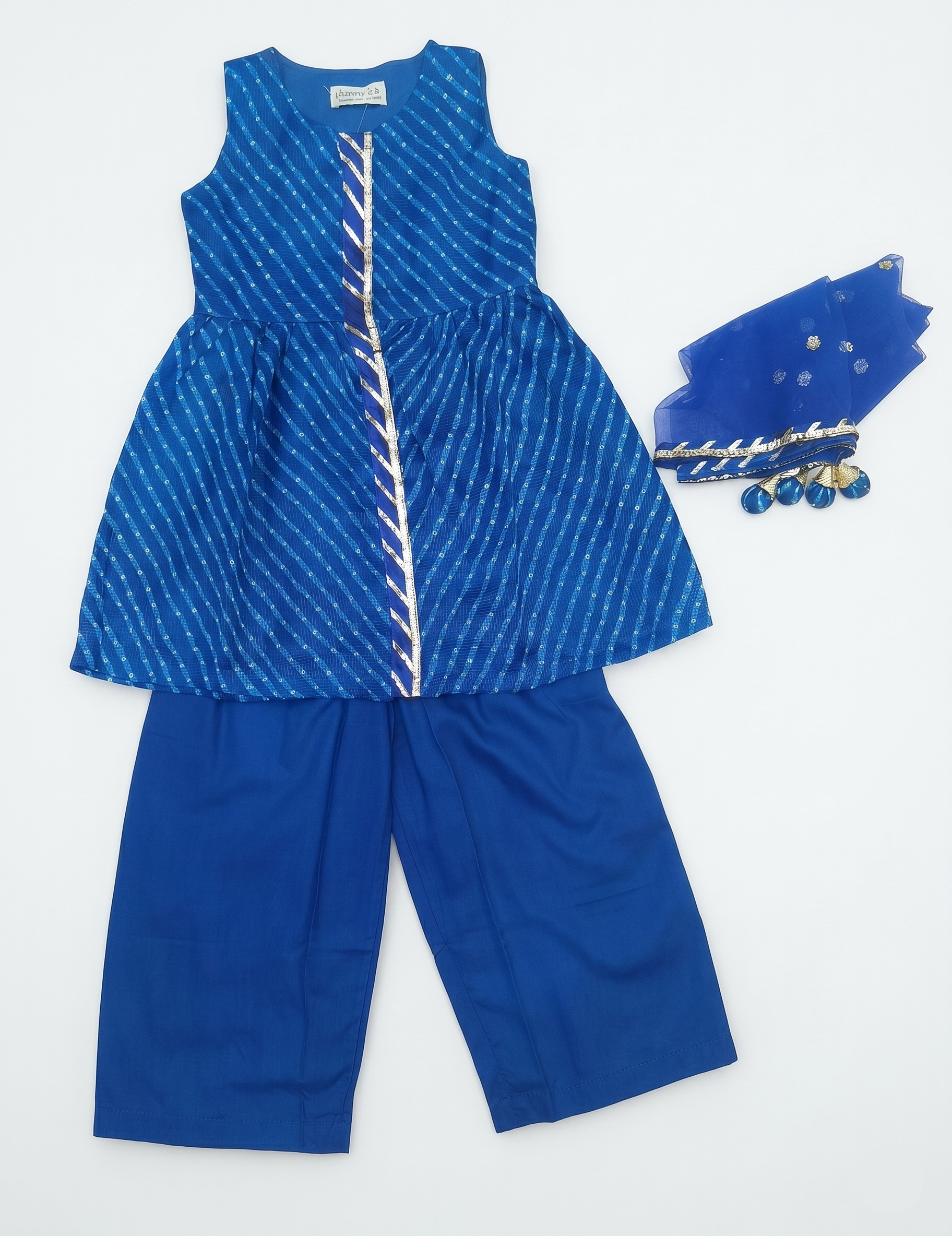 Kids Blue Leheriya Printed Peplum Kurta and Palazzo Set