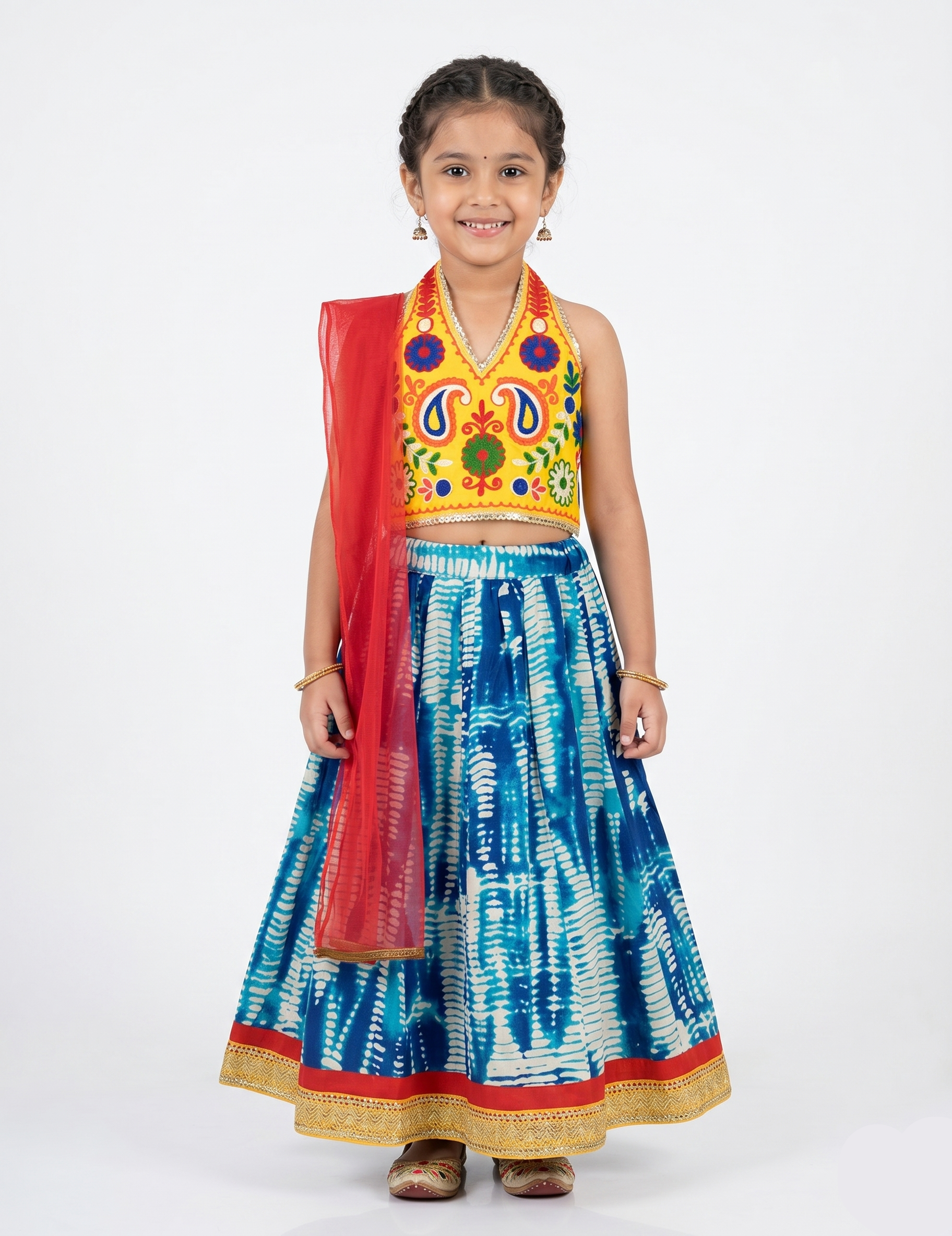 Kids' Ethnic Lehenga Choli Set - Yellow Embroidered Top & Blue Tie-Dye Skirt