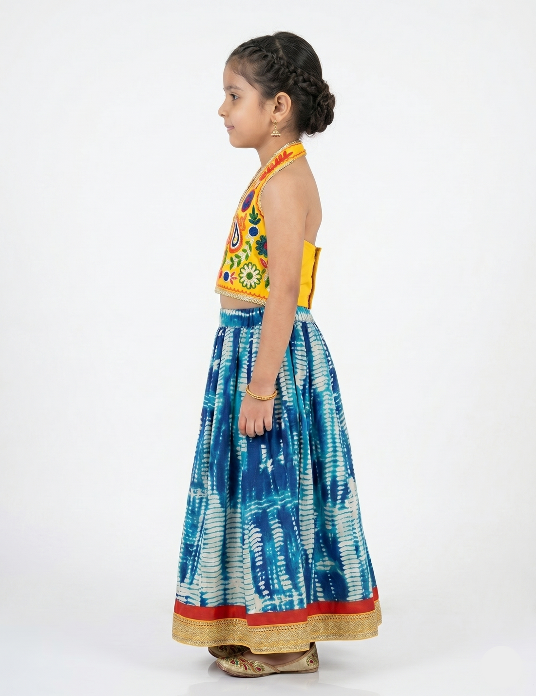 Kids' Ethnic Lehenga Choli Set - Yellow Embroidered Top & Blue Tie-Dye Skirt