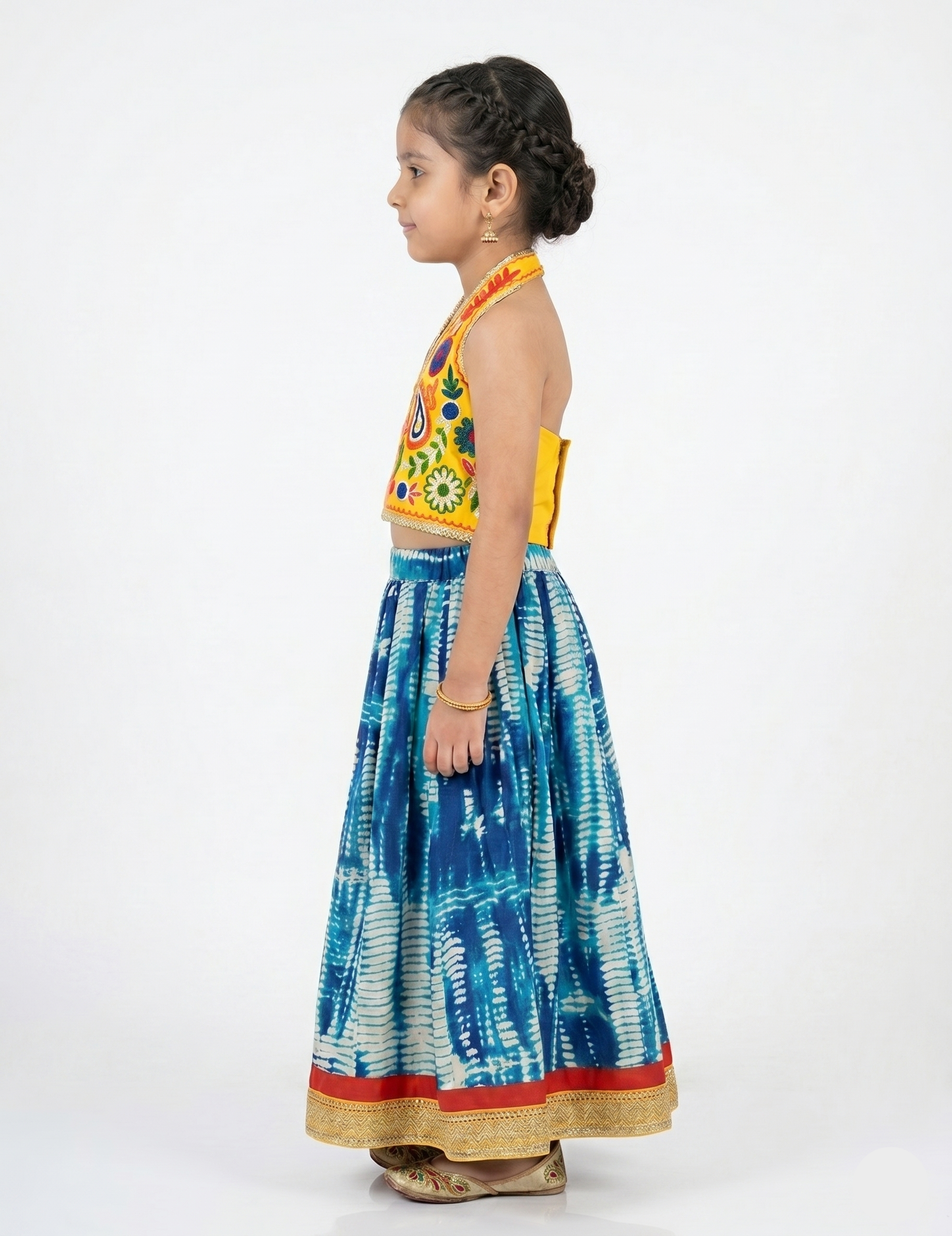 Kids' Ethnic Lehenga Choli Set - Yellow Embroidered Top & Blue Tie-Dye Skirt