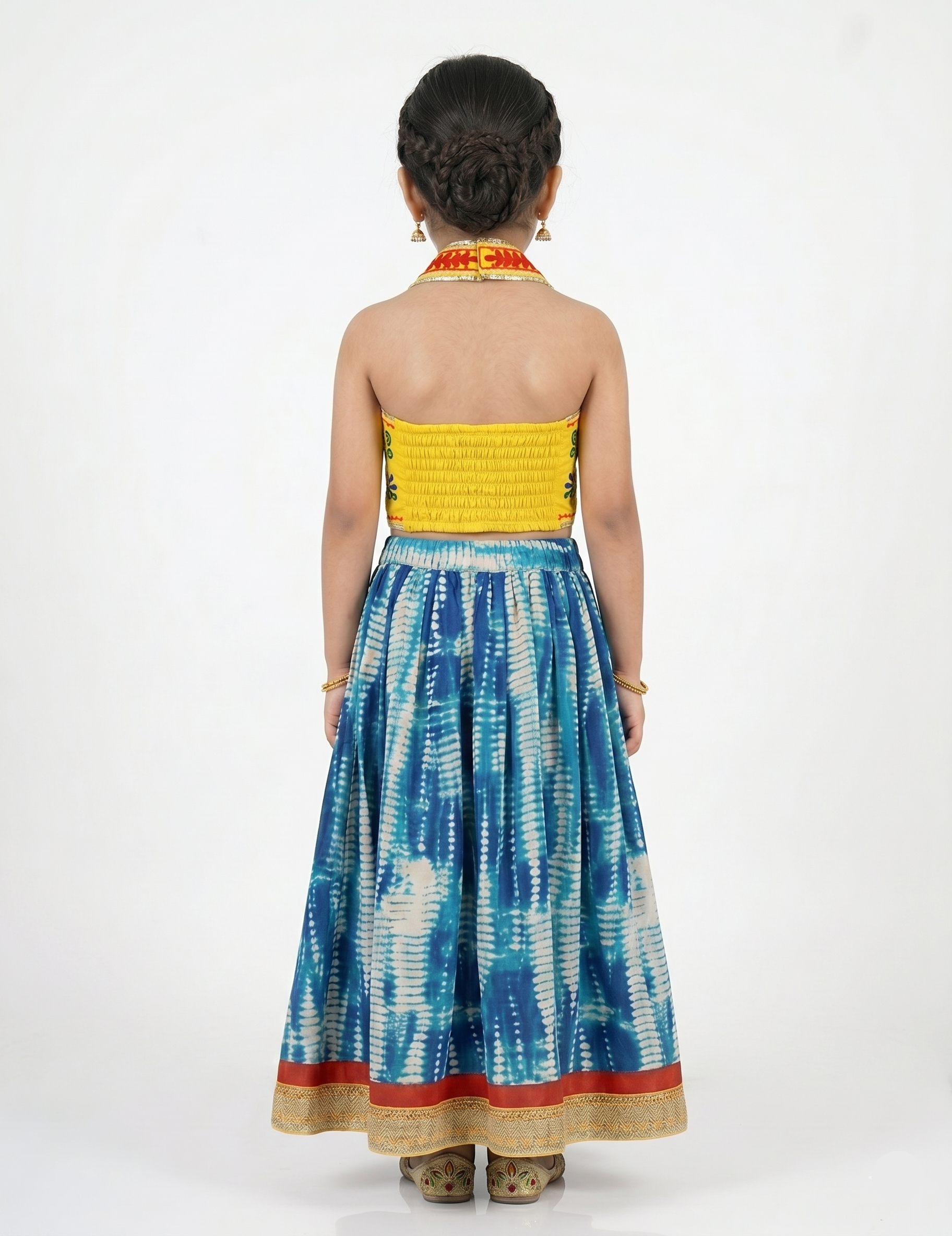 Kids' Ethnic Lehenga Choli Set - Yellow Embroidered Top & Blue Tie-Dye Skirt