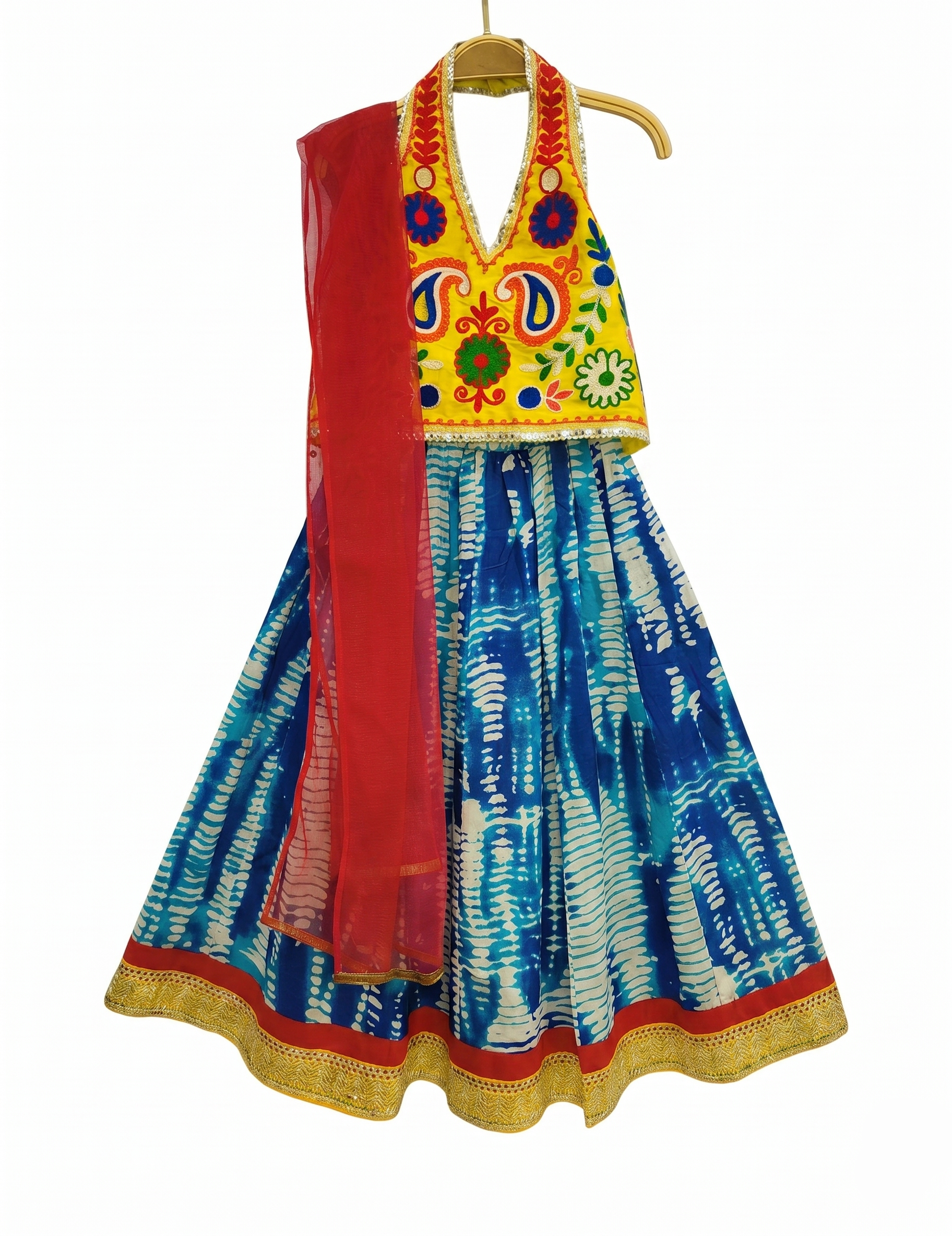 Kids' Ethnic Lehenga Choli Set - Yellow Embroidered Top & Blue Tie-Dye Skirt