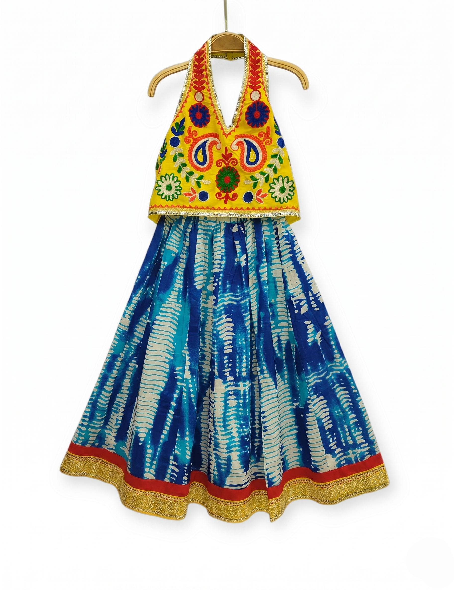 Kids' Ethnic Lehenga Choli Set - Yellow Embroidered Top & Blue Tie-Dye Skirt