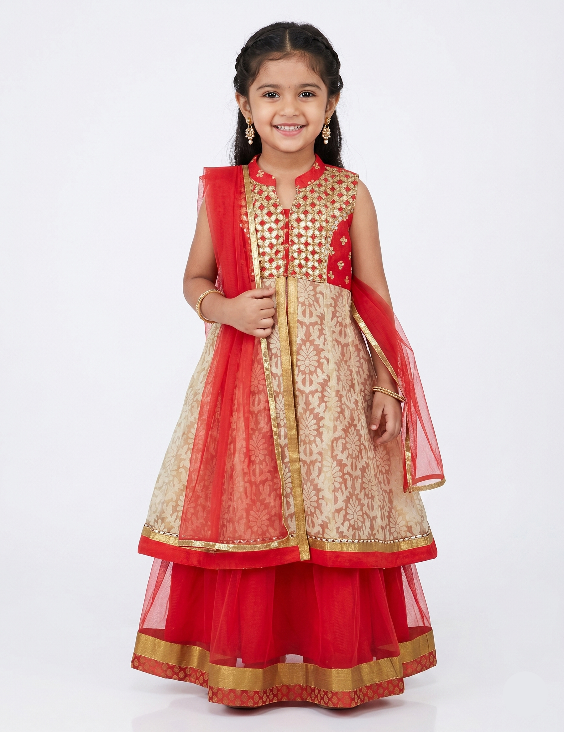 Girls' Red and Gold Embroidered Lehenga Choli Set - Traditional Festive Ethnic Wear