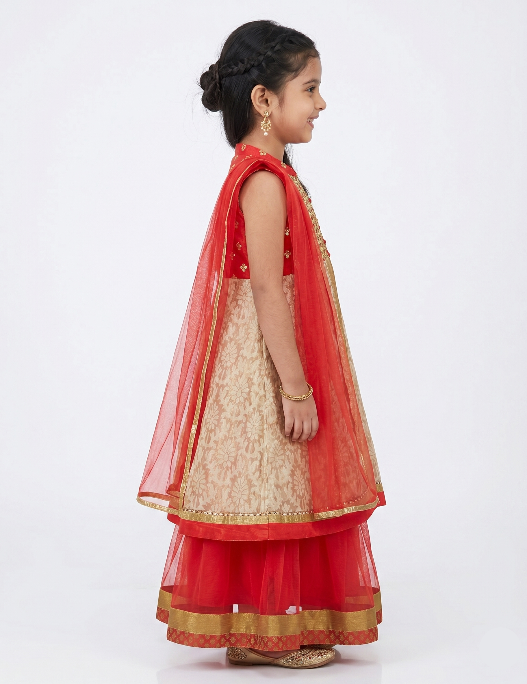 Girls' Red and Gold Embroidered Lehenga Choli Set - Traditional Festive Ethnic Wear