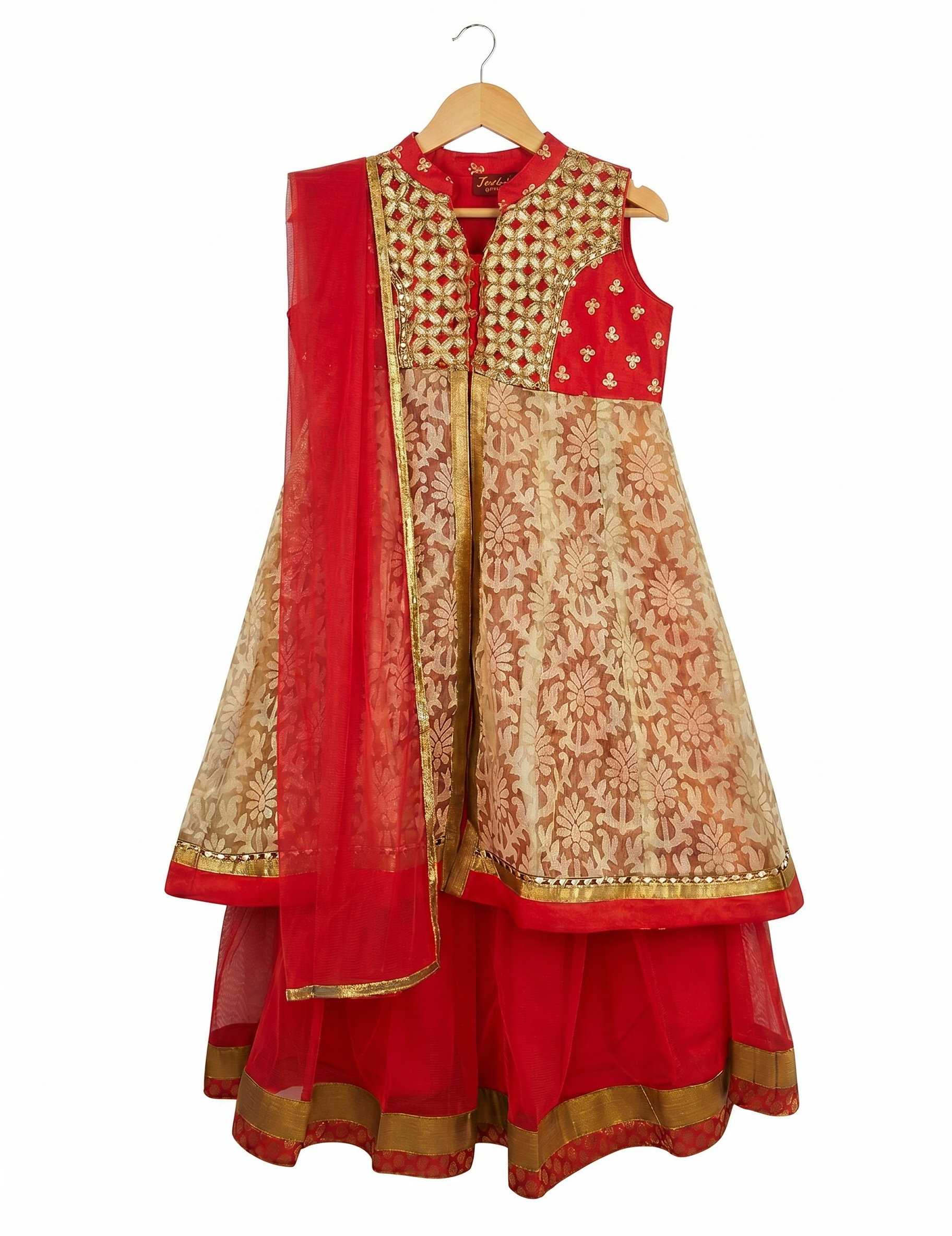 Girls' Red and Gold Embroidered Lehenga Choli Set - Traditional Festive Ethnic Wear