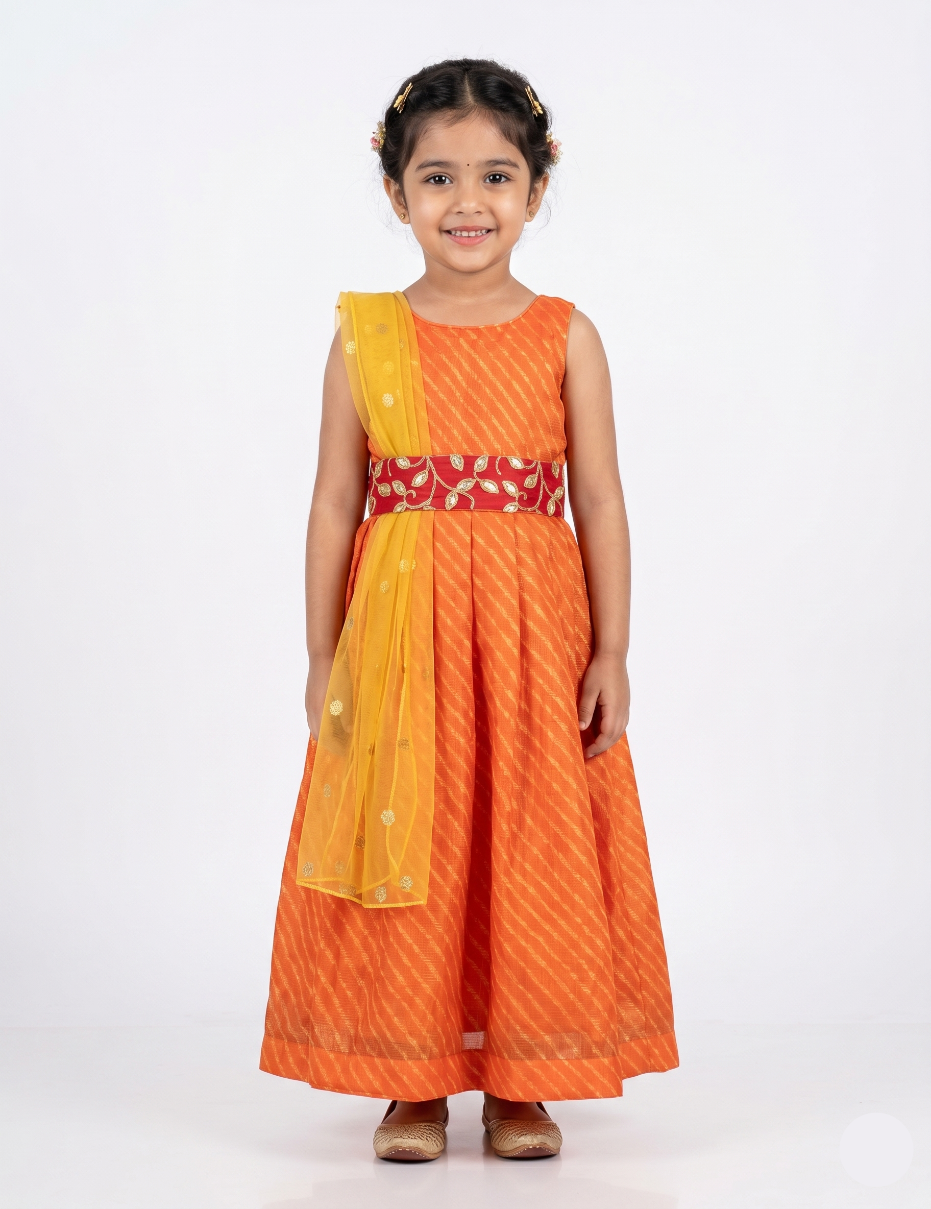 Girls' Orange Striped Ethnic Gown - Festive Outfit with Embroidered Waist