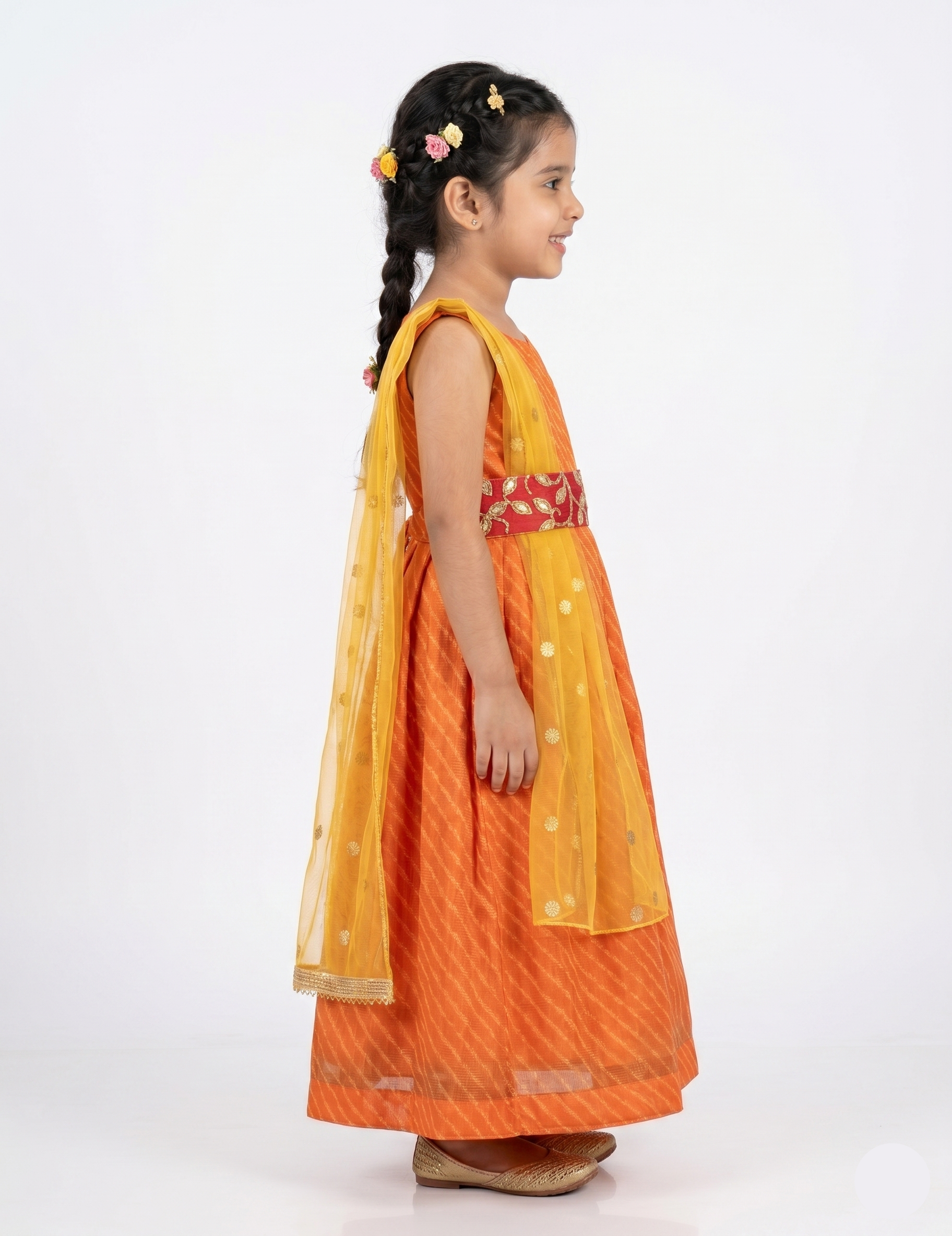 Girls' Orange Striped Ethnic Gown - Festive Outfit with Embroidered Waist