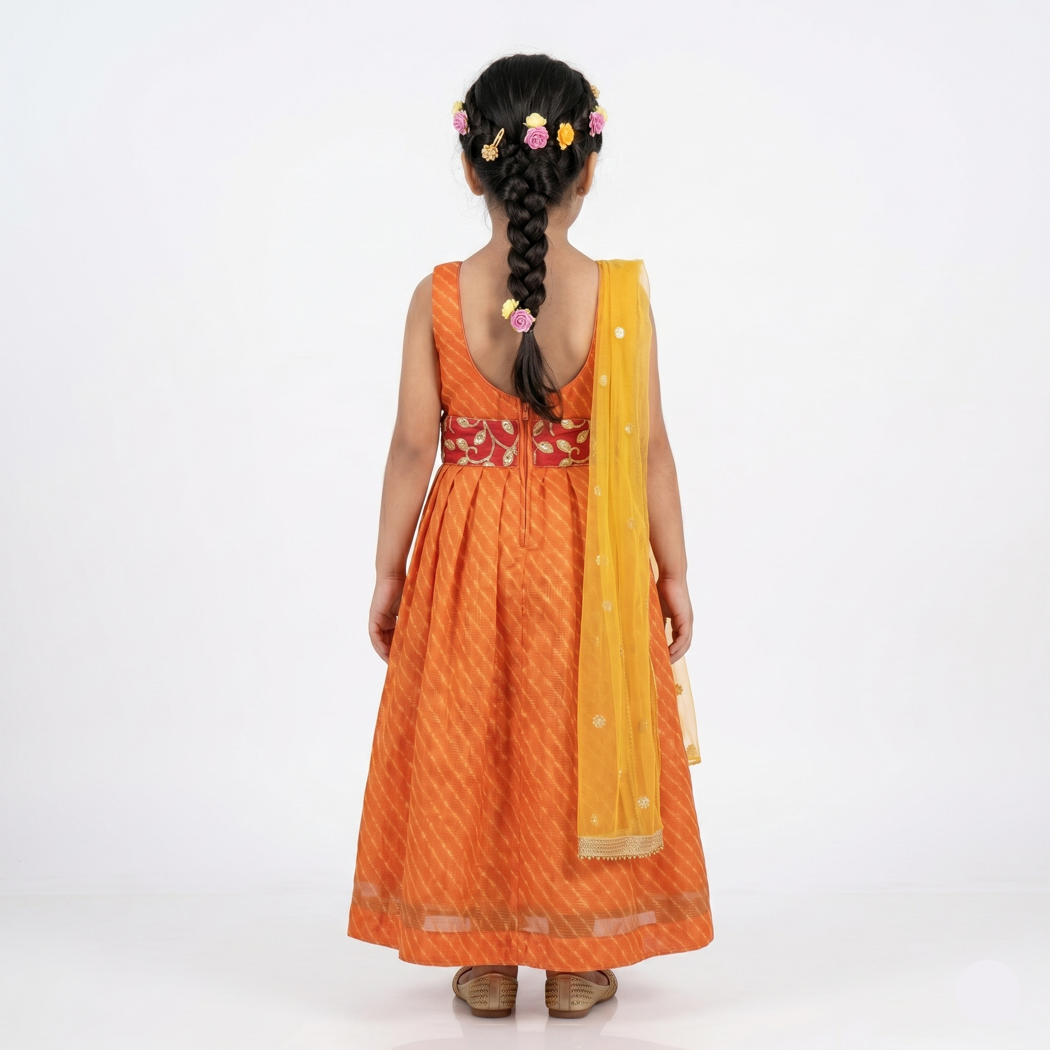 Girls' Orange Striped Ethnic Gown - Festive Outfit with Embroidered Waist