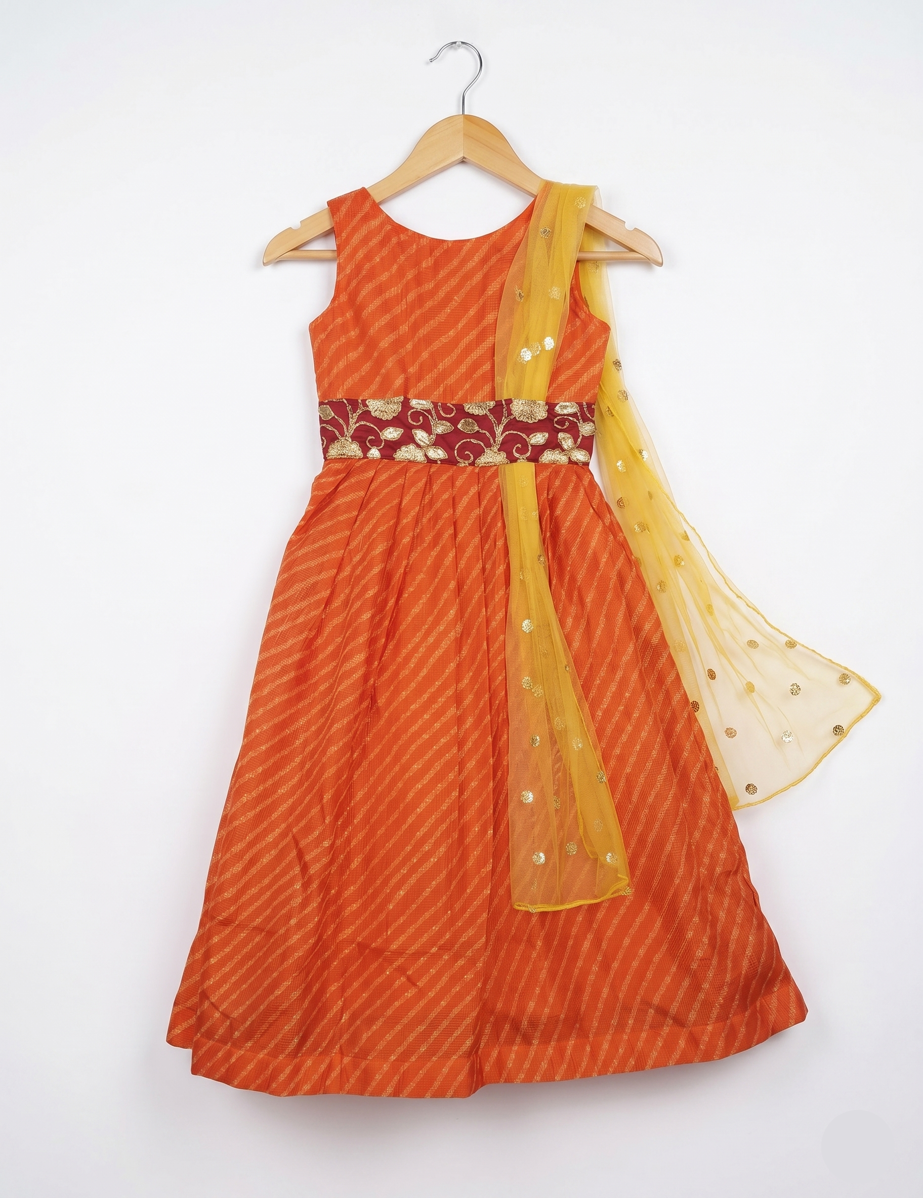 Girls' Orange Striped Ethnic Gown - Festive Outfit with Embroidered Waist