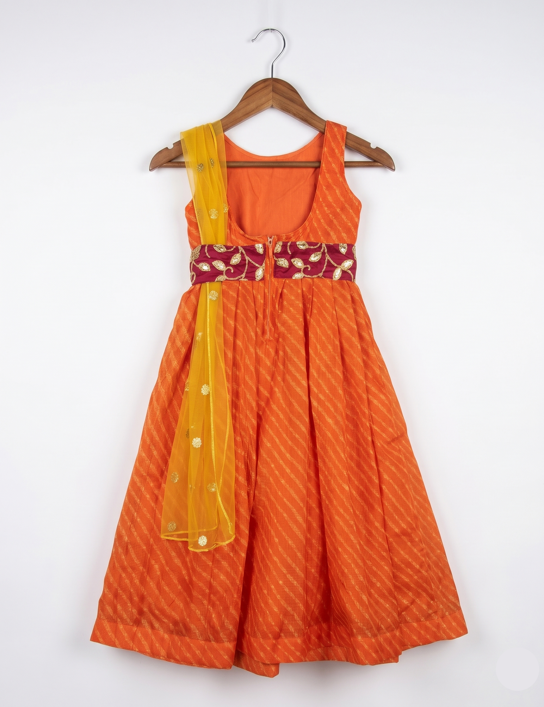 Girls' Orange Striped Ethnic Gown - Festive Outfit with Embroidered Waist