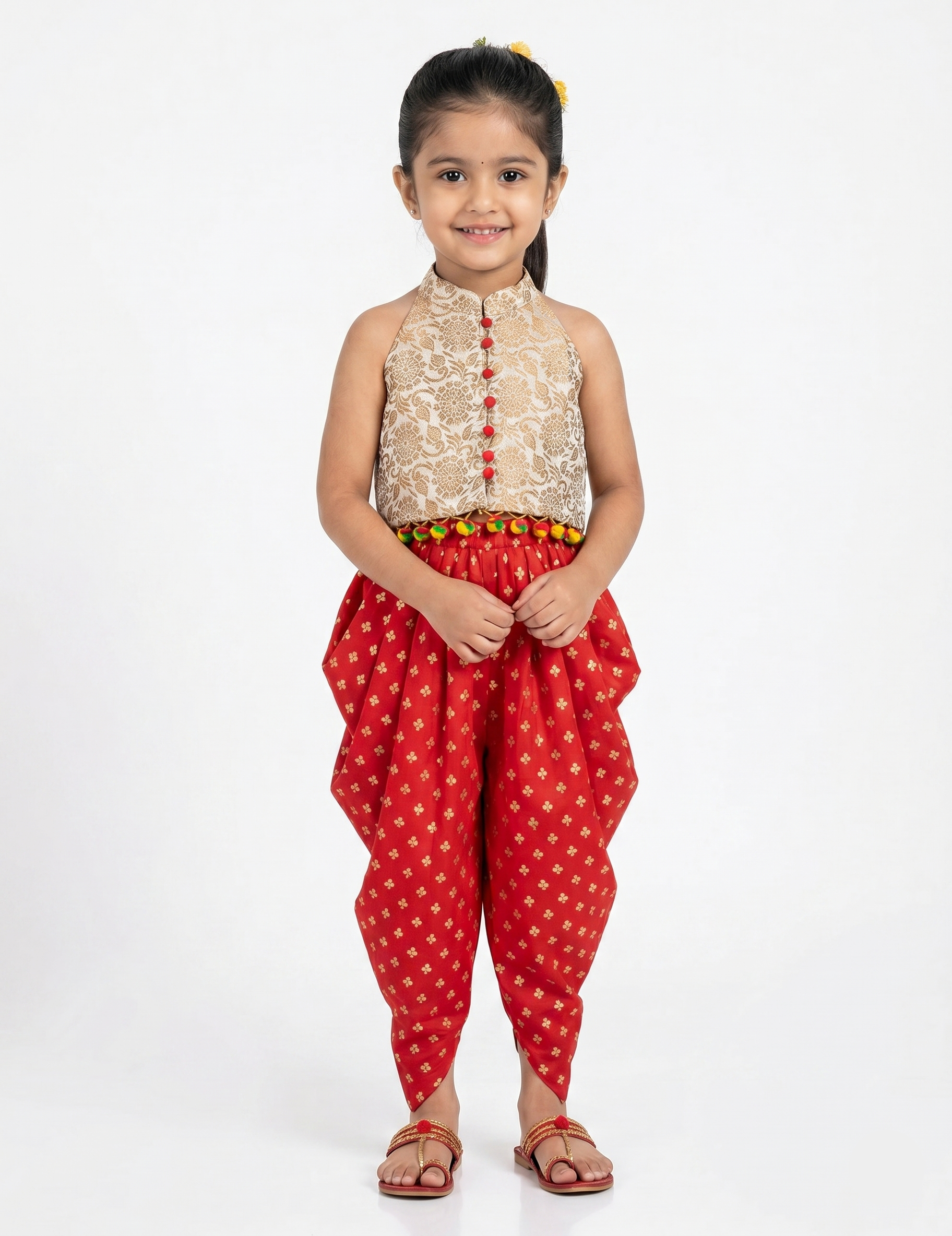 Girls' Red Dhoti and Brocade Top Set - Festive Ethnic Wear for Kids
