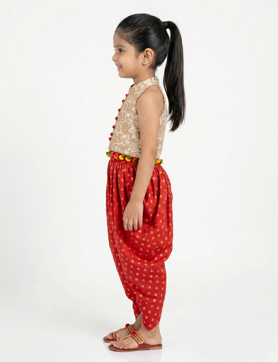 Girls' Red Dhoti and Brocade Top Set - Festive Ethnic Wear for Kids