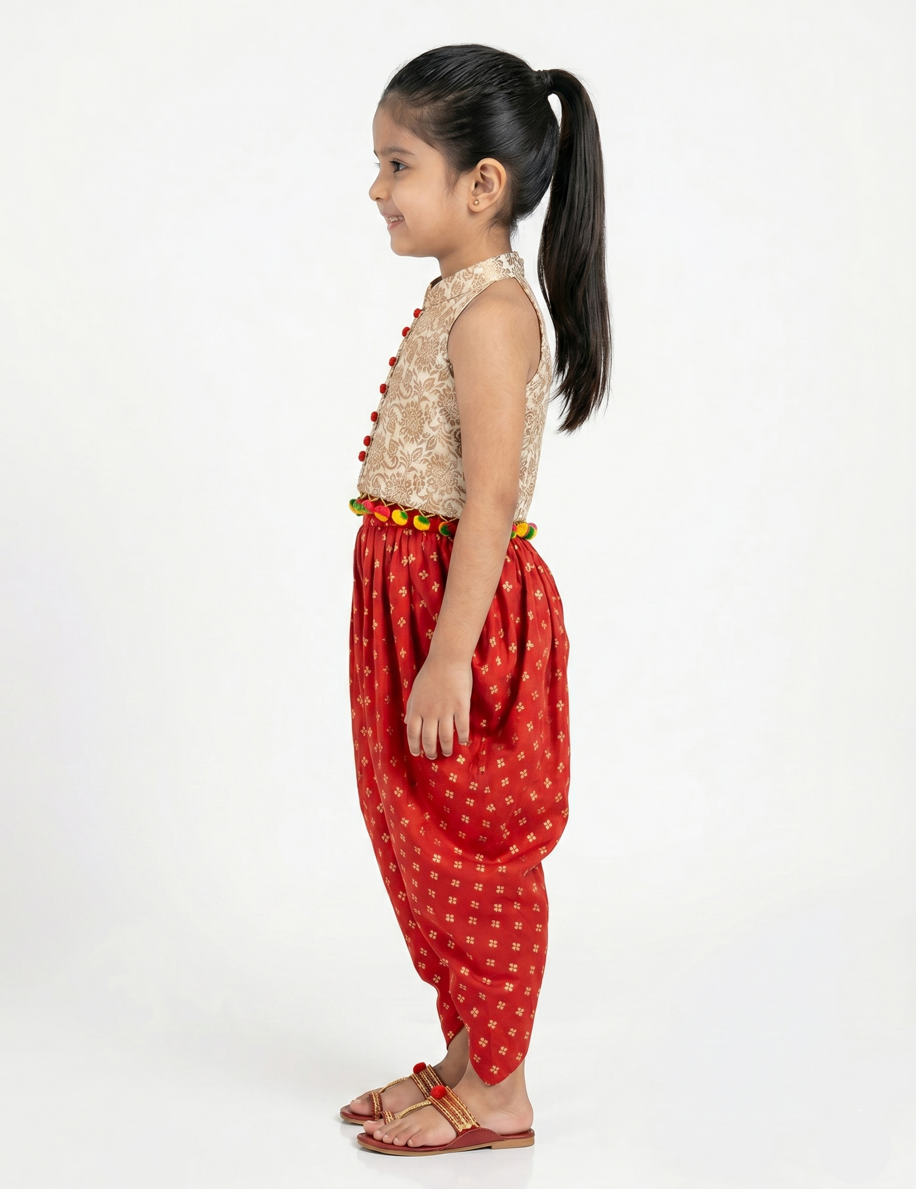 Girls' Red Dhoti and Brocade Top Set - Festive Ethnic Wear for Kids