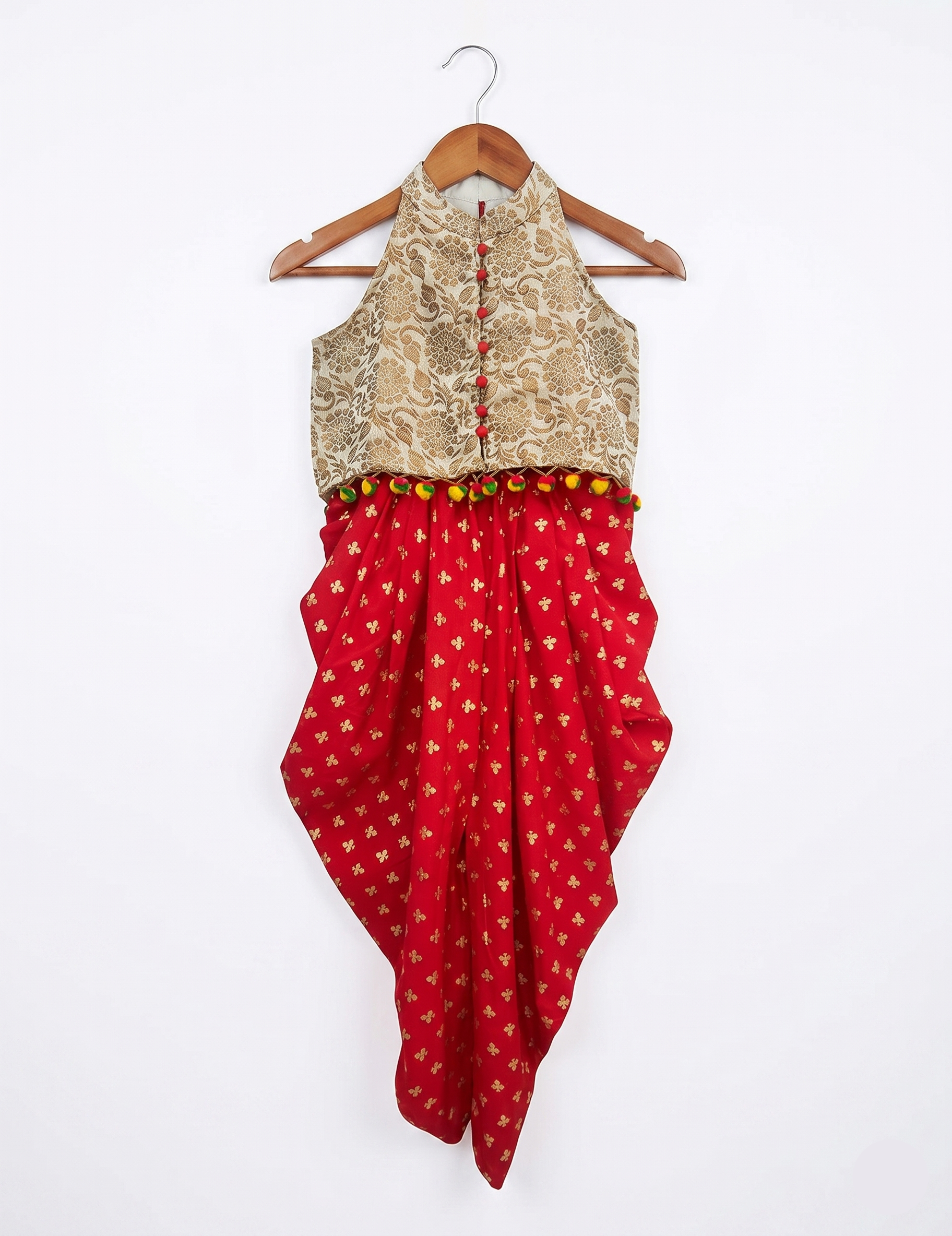 Girls' Red Dhoti and Brocade Top Set - Festive Ethnic Wear for Kids