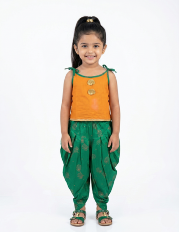 Girls' Mustard Yellow Sleeveless Top and Green Floral Dhoti Pant Set