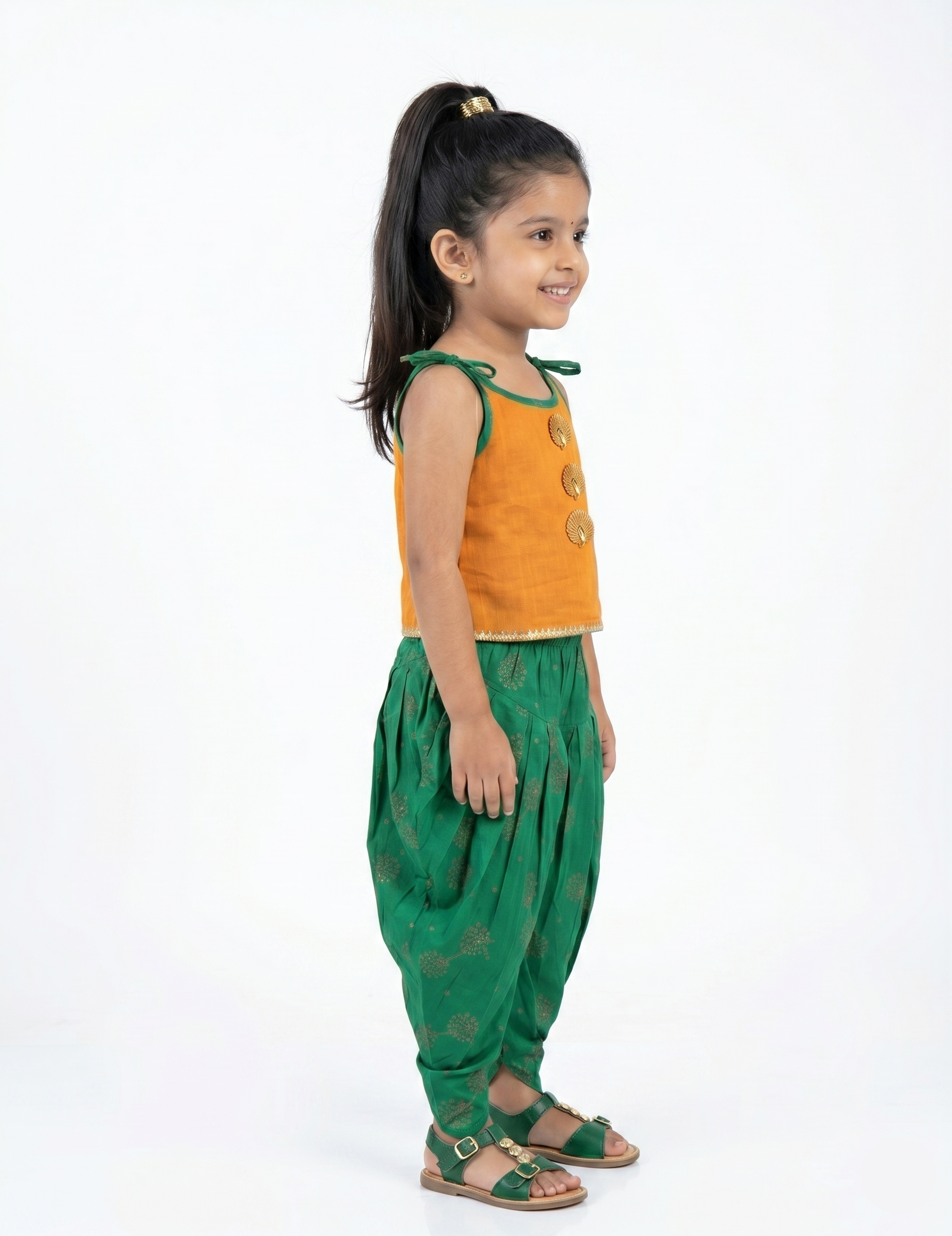 Girls' Mustard Yellow Sleeveless Top and Green Floral Dhoti Pant Set