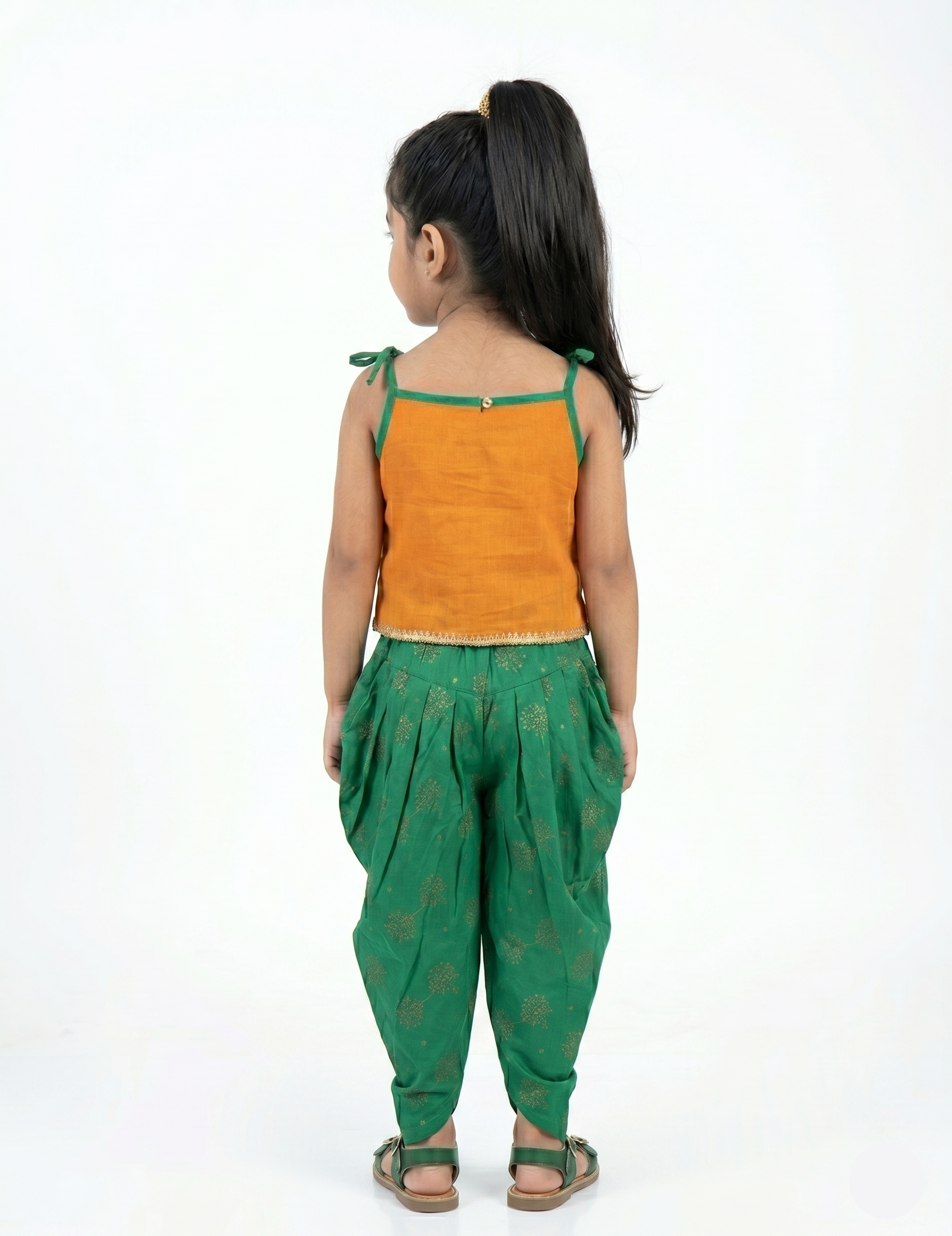 Girls' Mustard Yellow Sleeveless Top and Green Floral Dhoti Pant Set