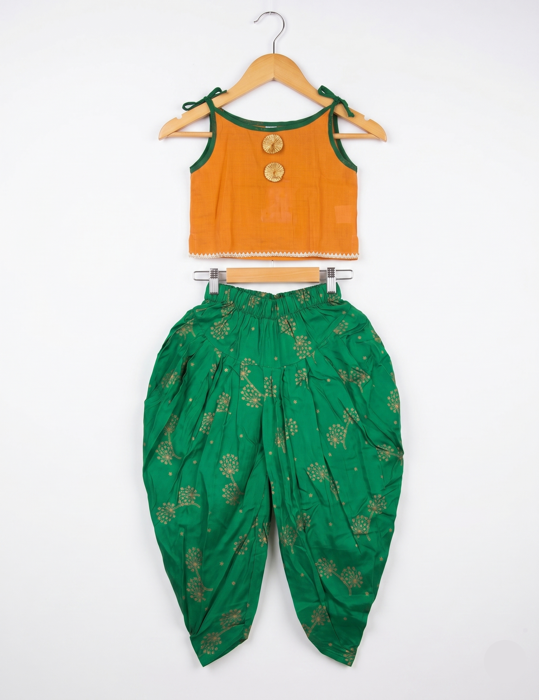 Girls' Mustard Yellow Sleeveless Top and Green Floral Dhoti Pant Set