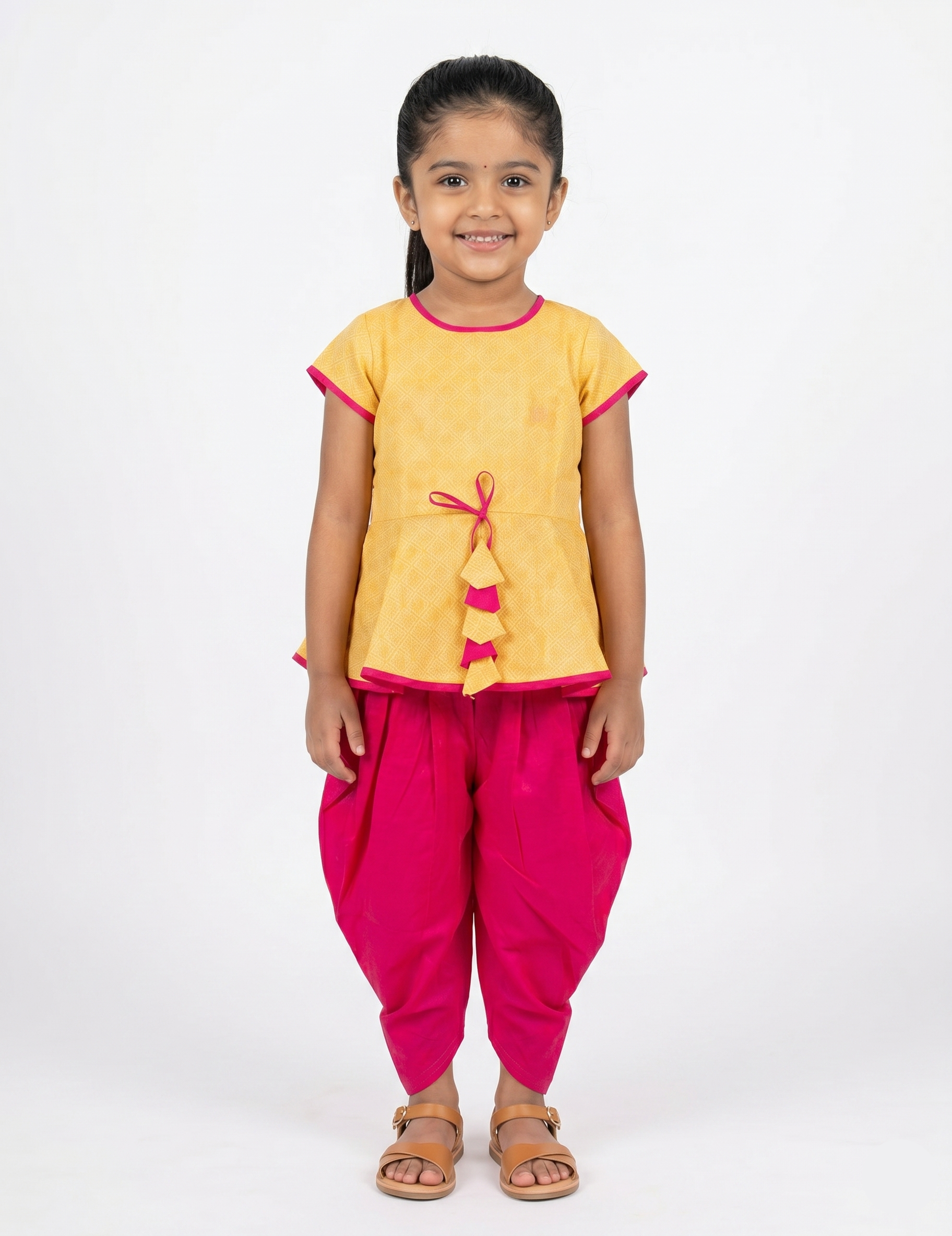 Girls' Yellow Textured Peplum Top and Pink Dhoti Pant Set
