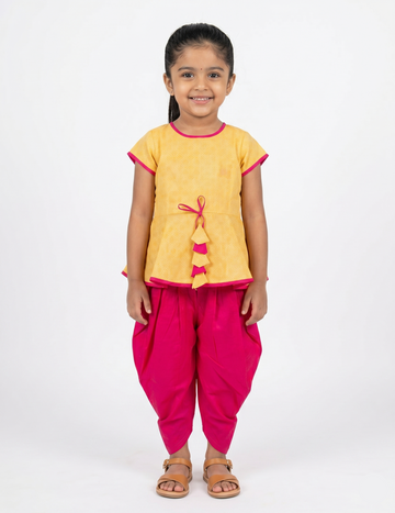 Girls' Yellow Textured Peplum Top and Pink Dhoti Pant Set
