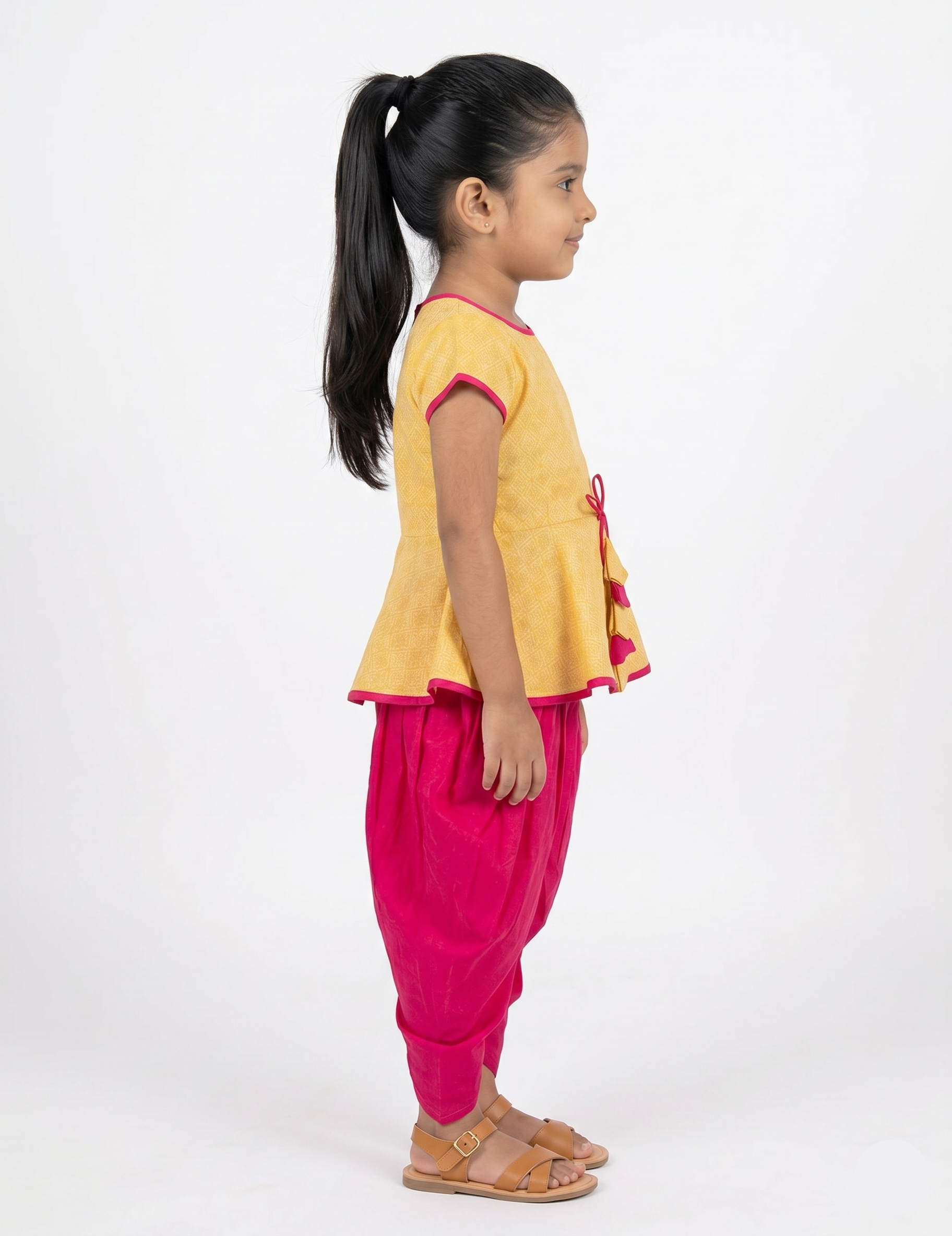 Girls' Yellow Textured Peplum Top and Pink Dhoti Pant Set